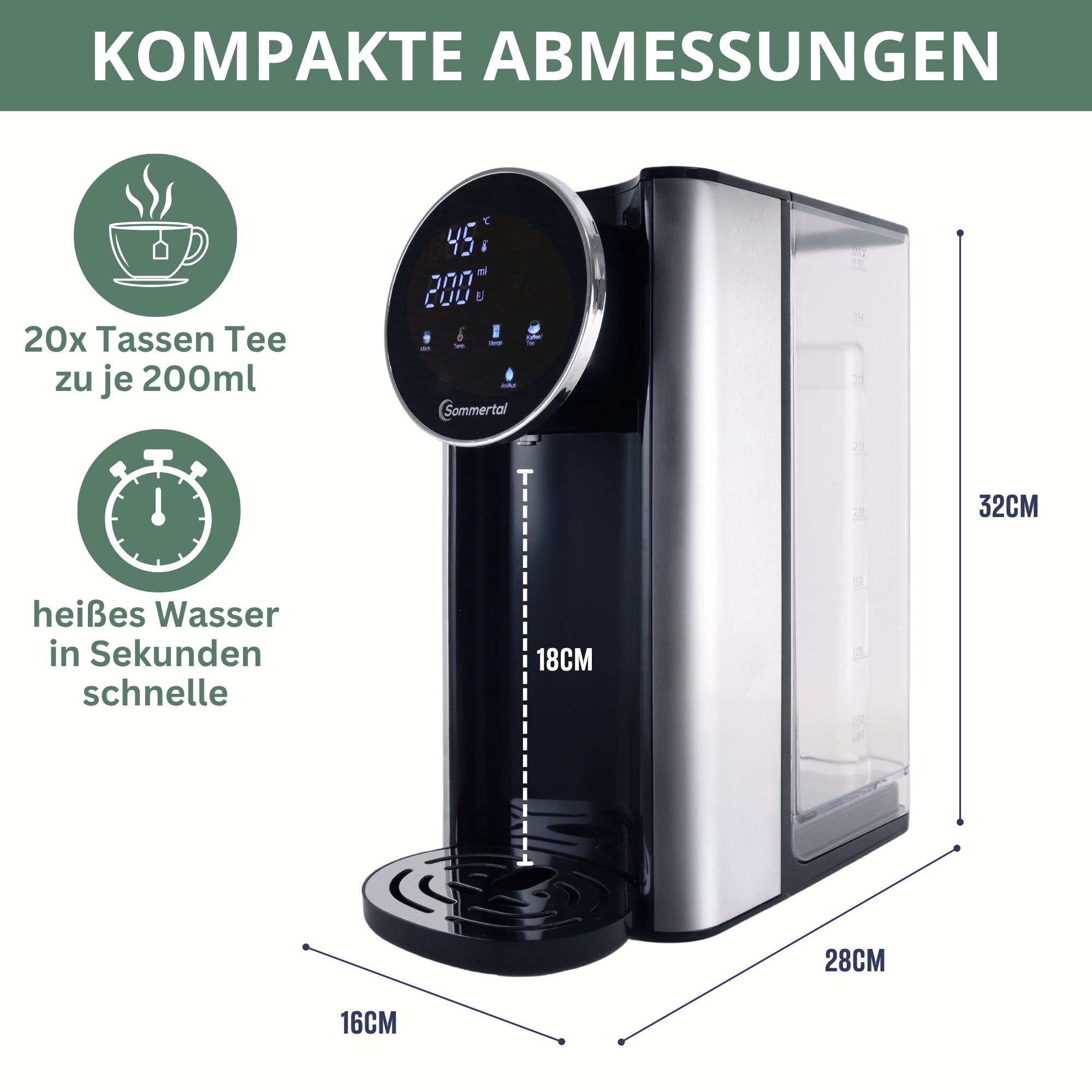 Kompakter Wasserspender mit Display. Maße: 16x18x32cm. 20 Tassen Tee, 200ml pro Tasse.