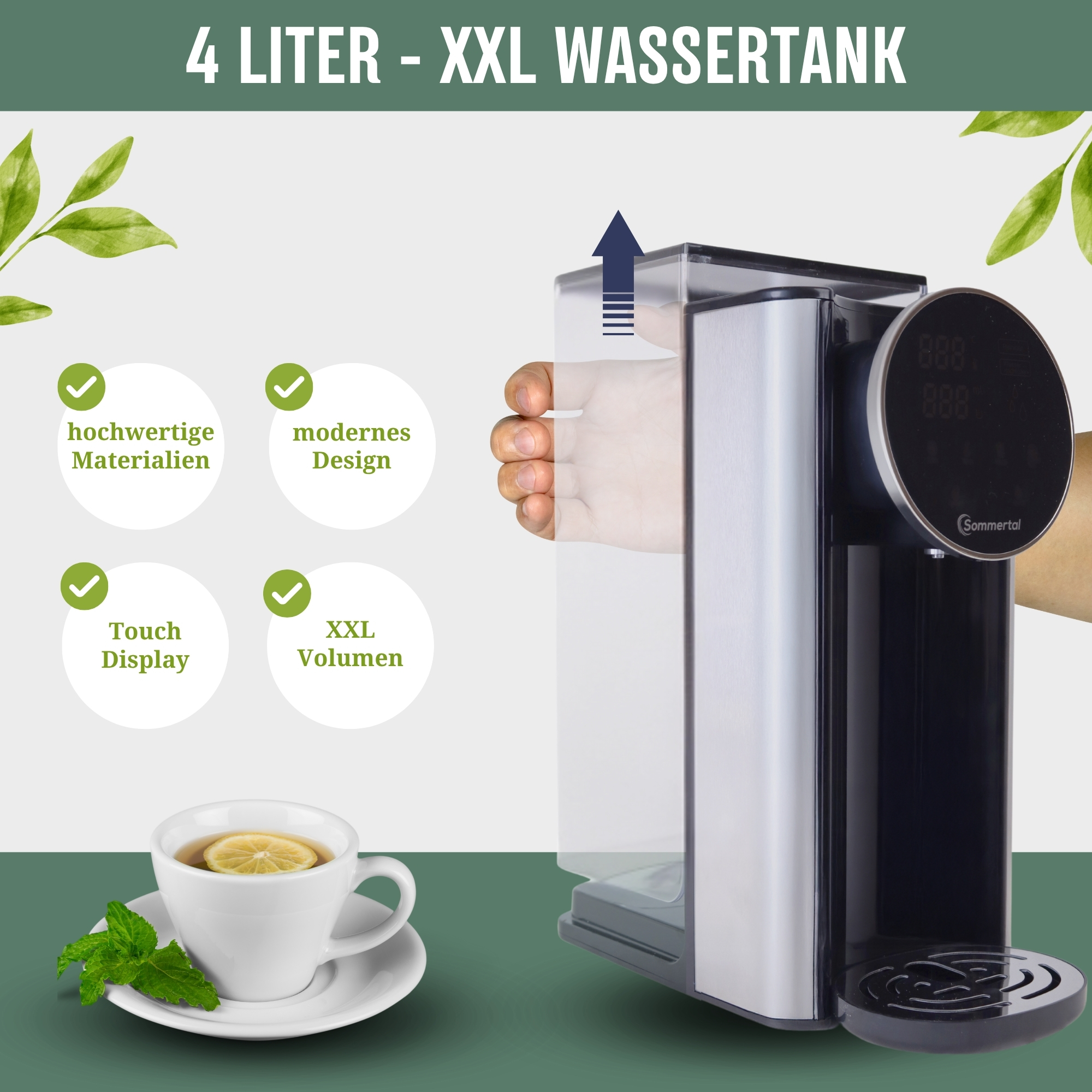 Ein 4-Liter-XXL-Wassertankgerät mit einer Tasse Tee, Minze und Zitrone.