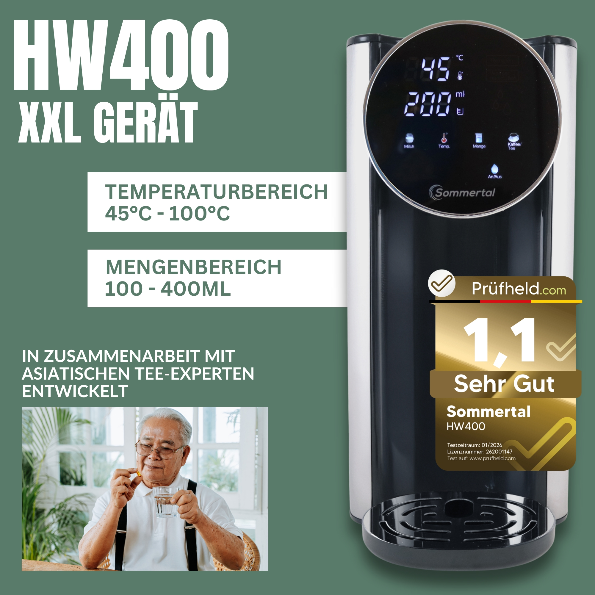 Ein schwarz-silberner Wasserspender mit Digitalanzeige, daneben Text zu seinen Funktionen und ein älterer Mann.