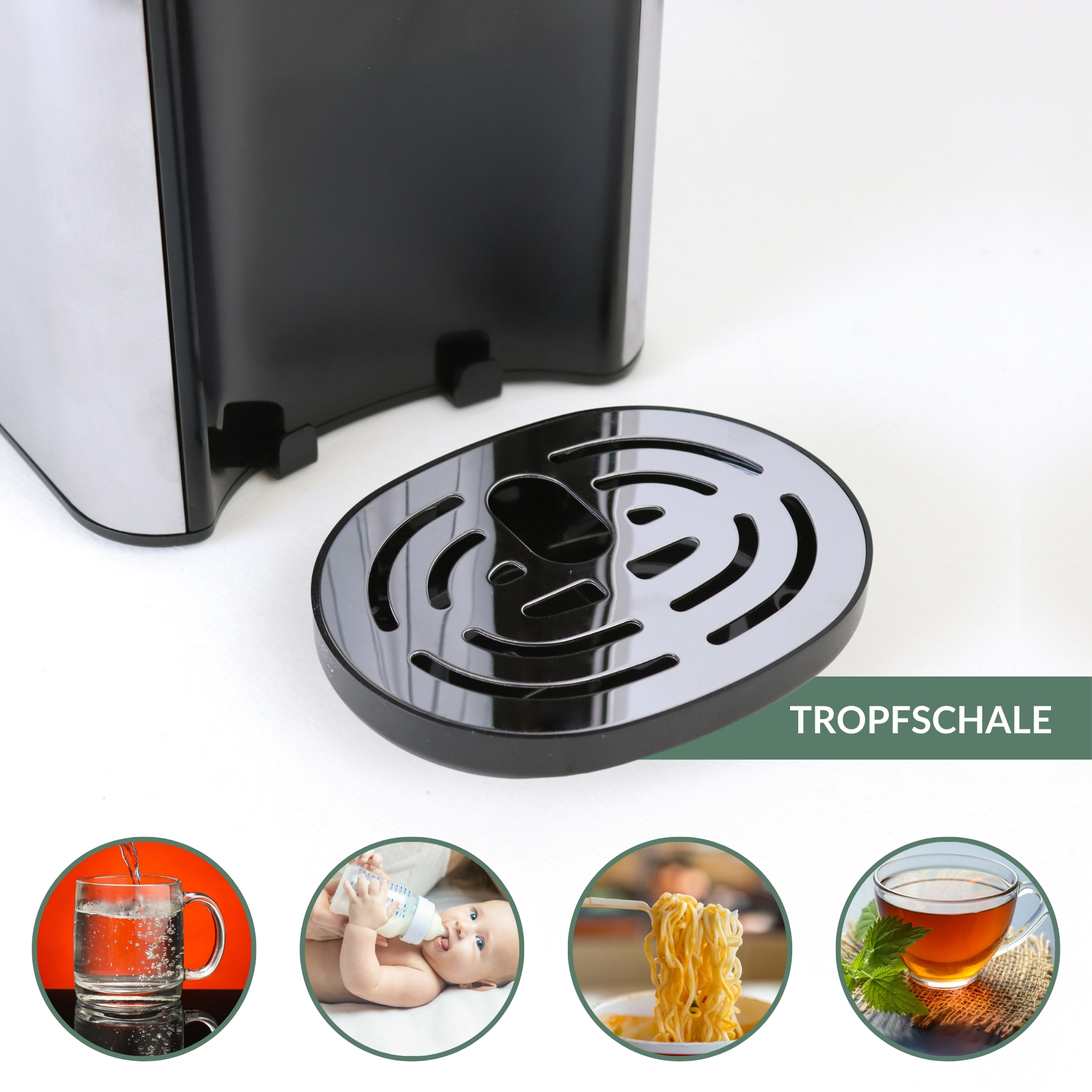 Ein Tropfblech neben einem Gerät, mit vier kleinen Bildern von Essen und Trinken.