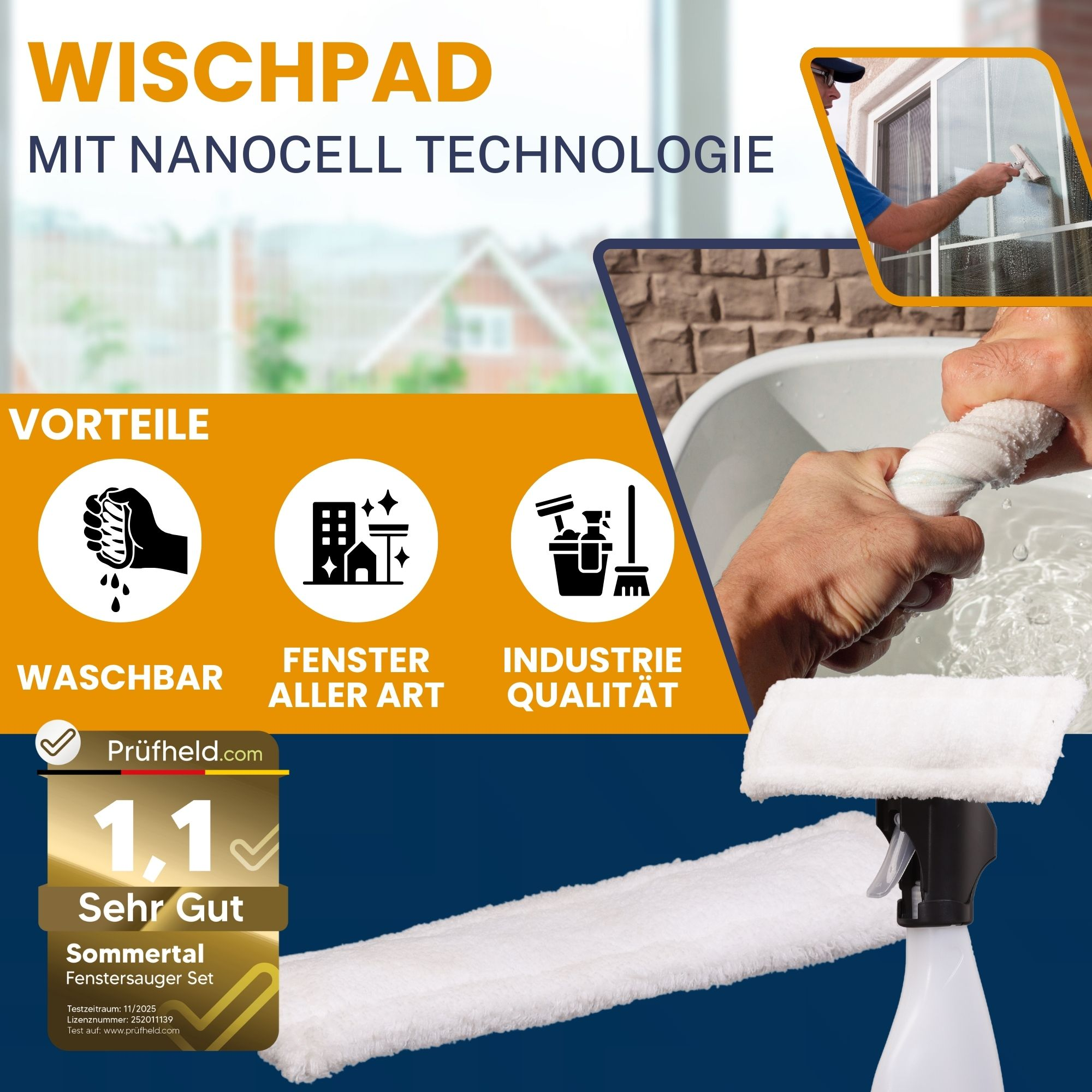 Wischpad mit Nanocell Technologie: waschbar, für alle Fenster, Industriequalität.