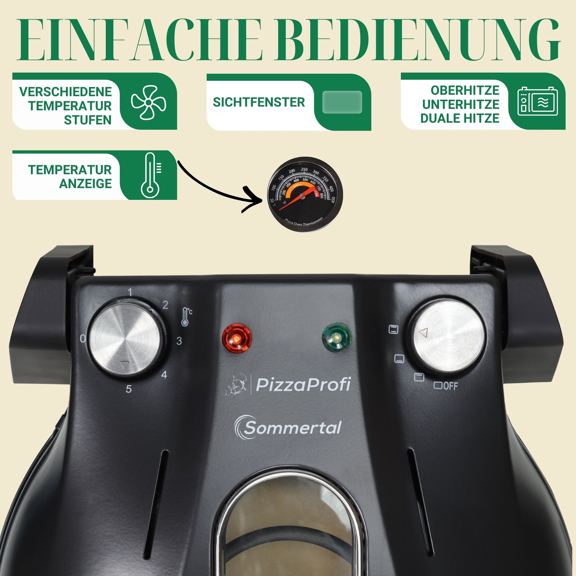 Ein schwarzer Pizzaofen mit Bedienelementen und Thermometer. Einfache Bedienung.