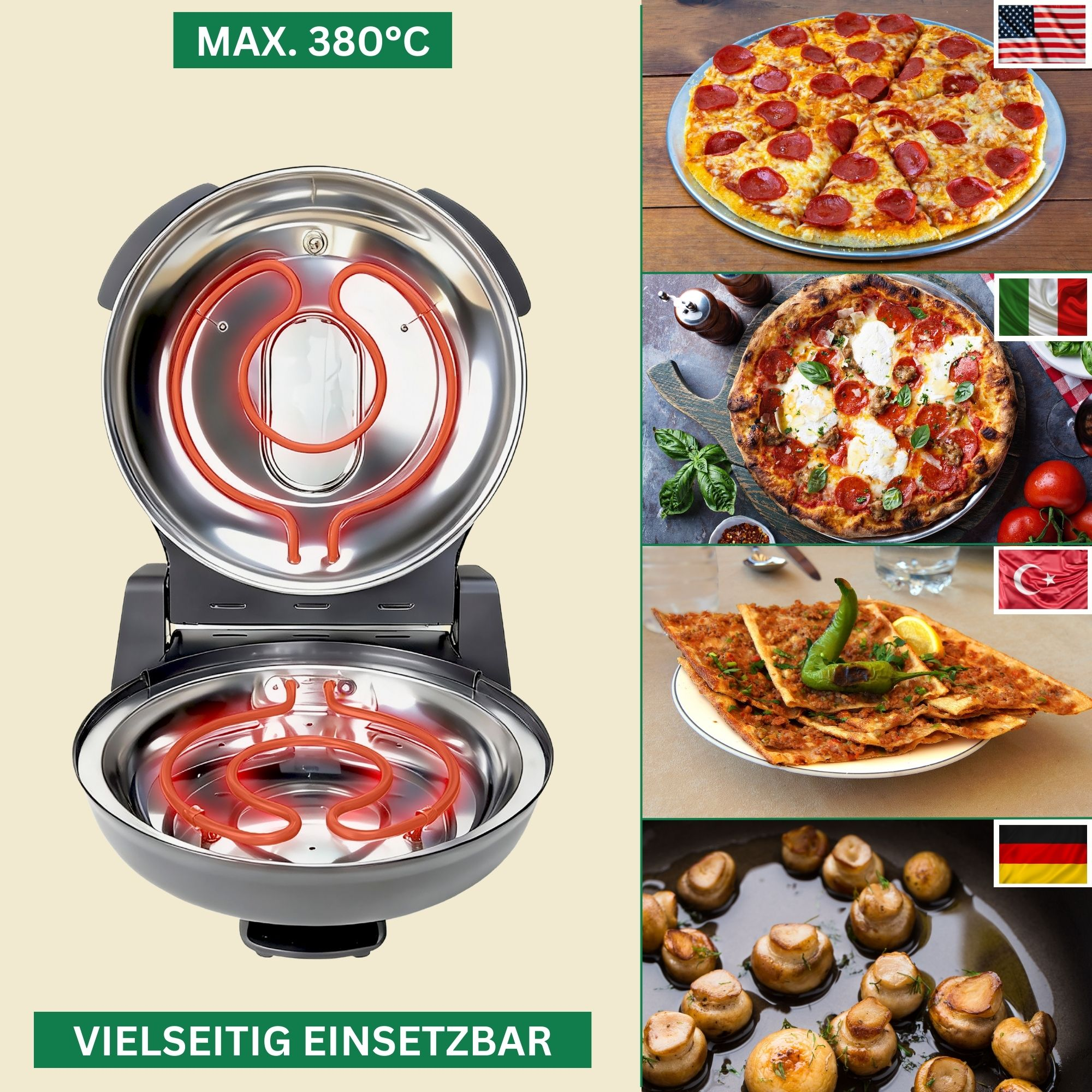 Ein offener Pizzaofen mit Heizspiralen und drei Gerichten: Pizza, Lahmacun und Pilze.