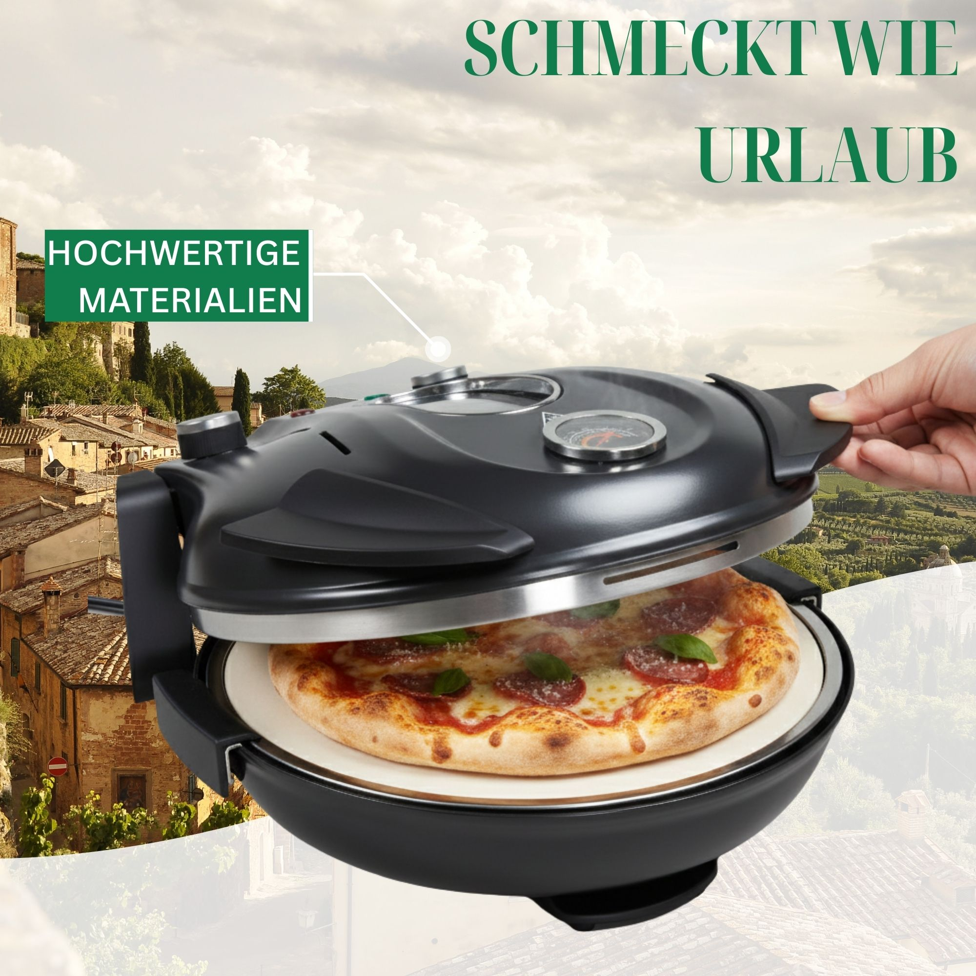 Schwarzer Pizzaofen mit dampfender Pizza vor toskanischer Kulisse.