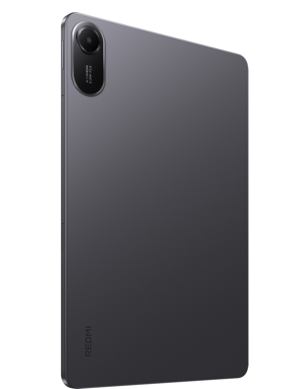 Arkada 8MP Yapay Zeka kamerası ve Redmi logosu bulunan koyu gri tablet.