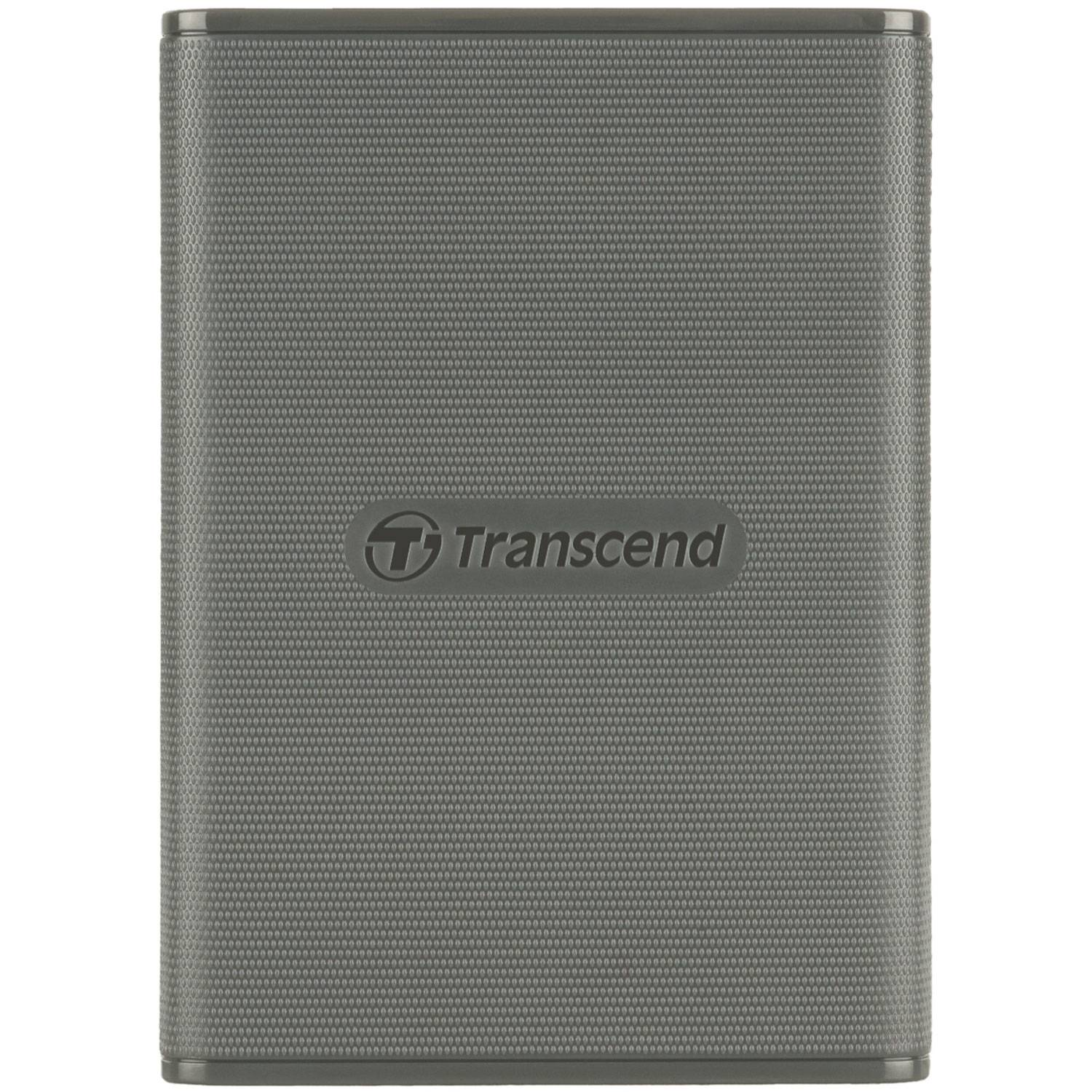 Contenitore grigio per hard disk esterno con logo Transcend e texture puntinata.