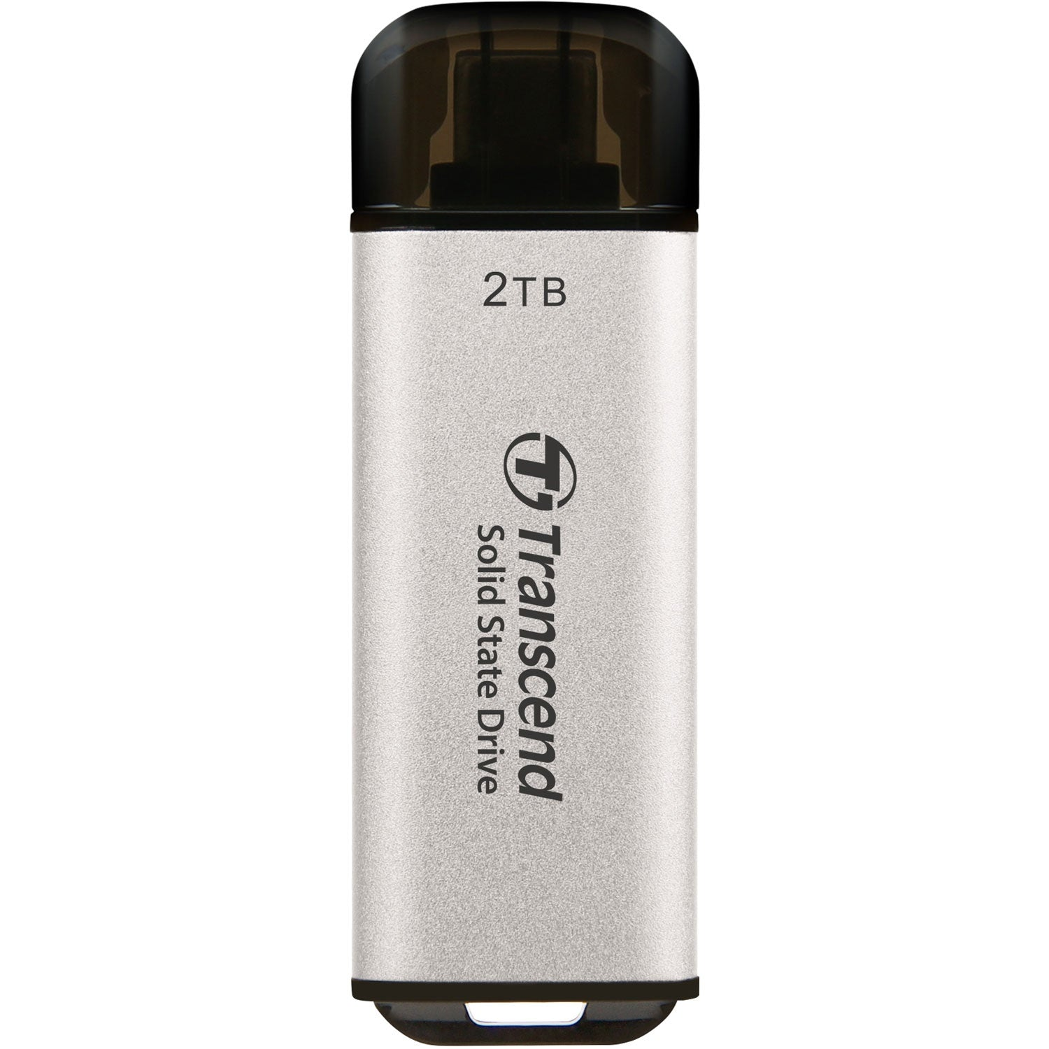 Srebrny pendrive SSD Transcend 2TB z czarną nasadką.