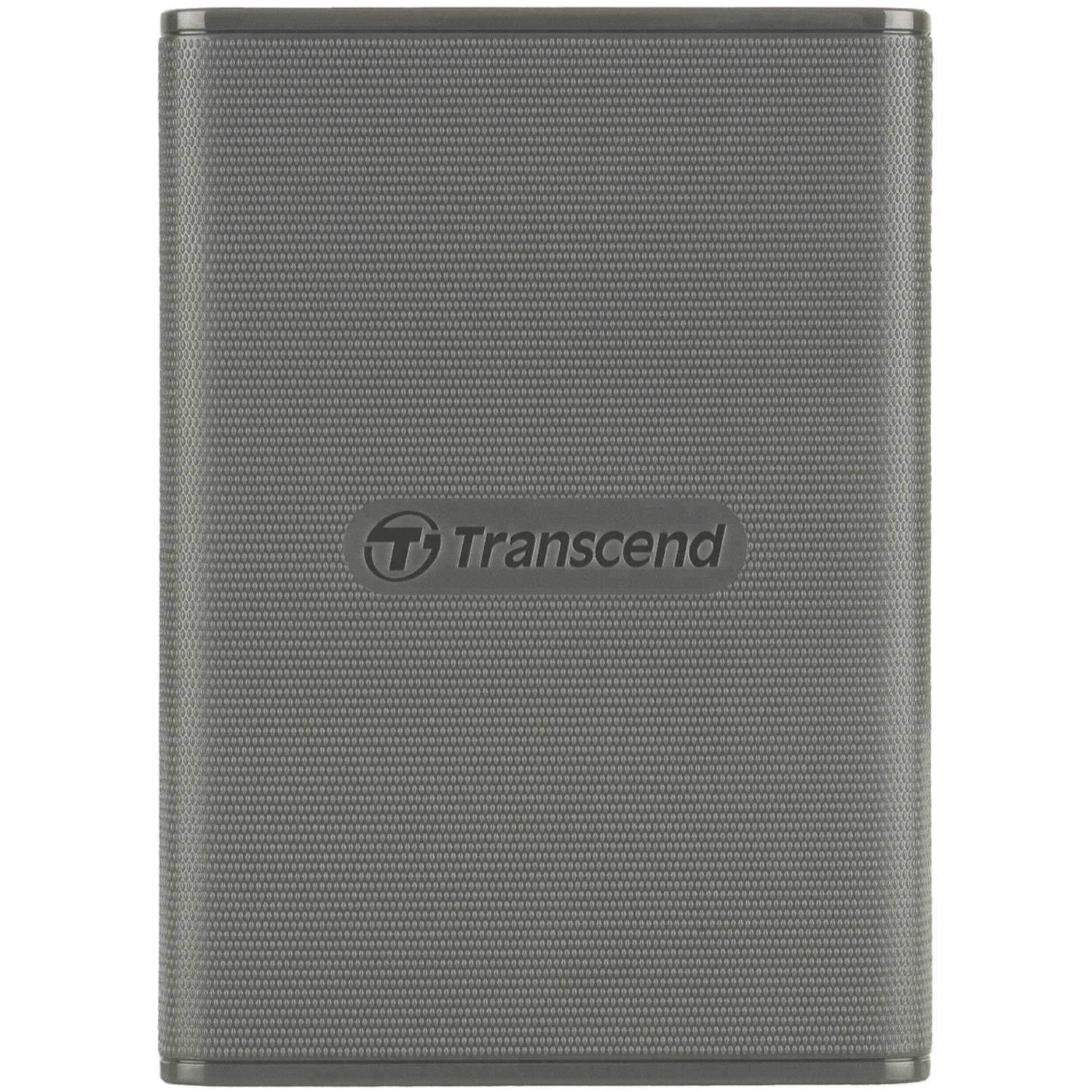 Custodia grigia per hard disk esterno con logo Transcend.