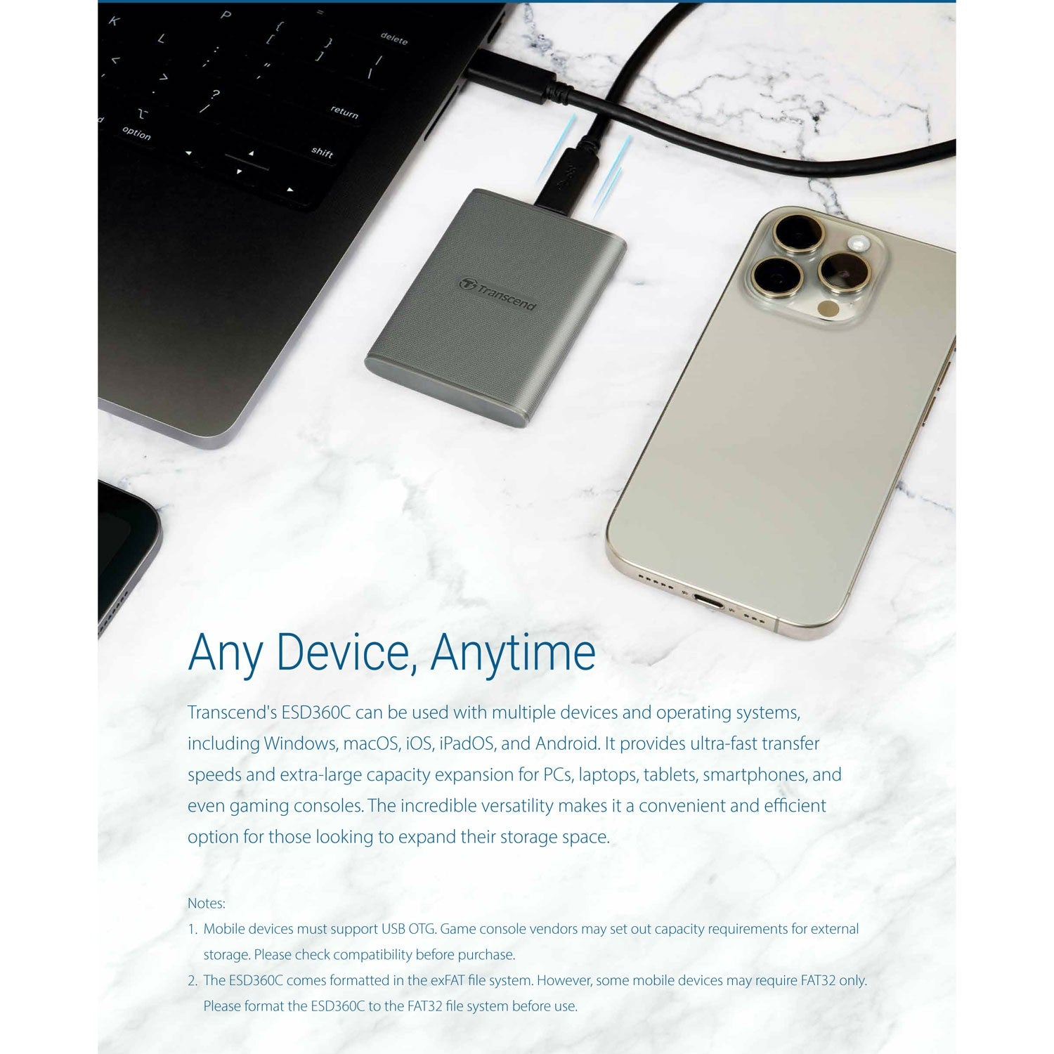 Un'unità esterna argentata collega un laptop a uno smartphone.