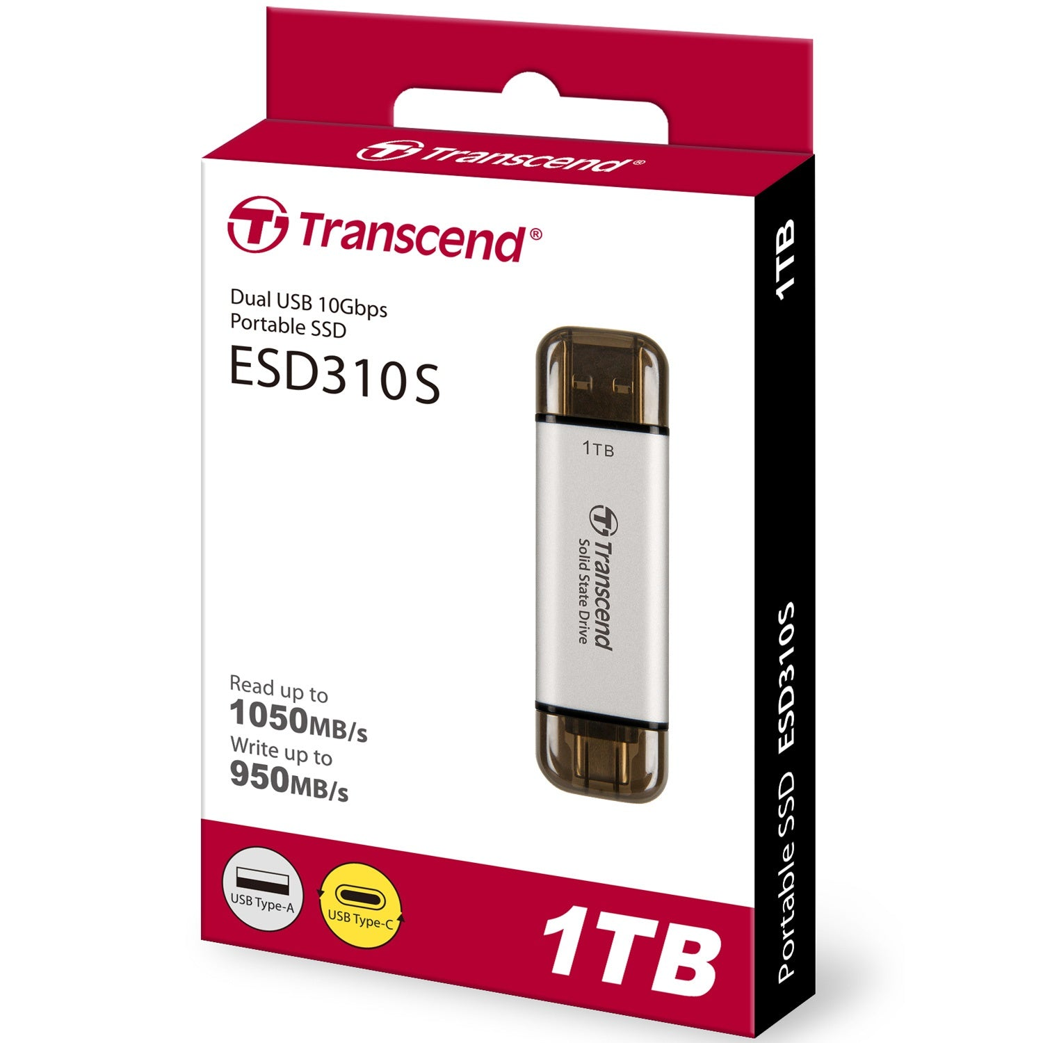 Przenośny dysk SSD Transcend ESD310S 1TB z portami USB Type-A i Type-C.