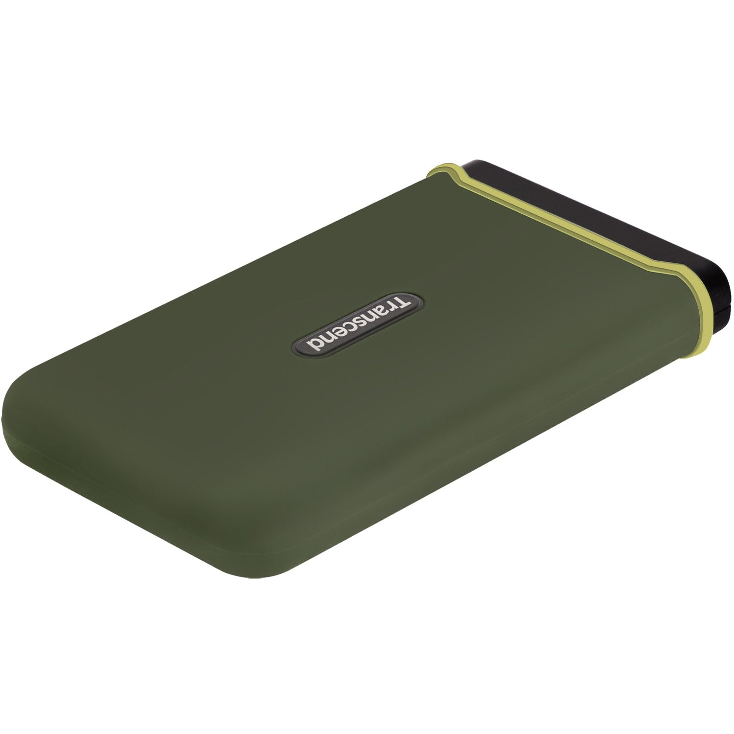 Ciemnozielony dysk zewnętrzny z logo Transcend.