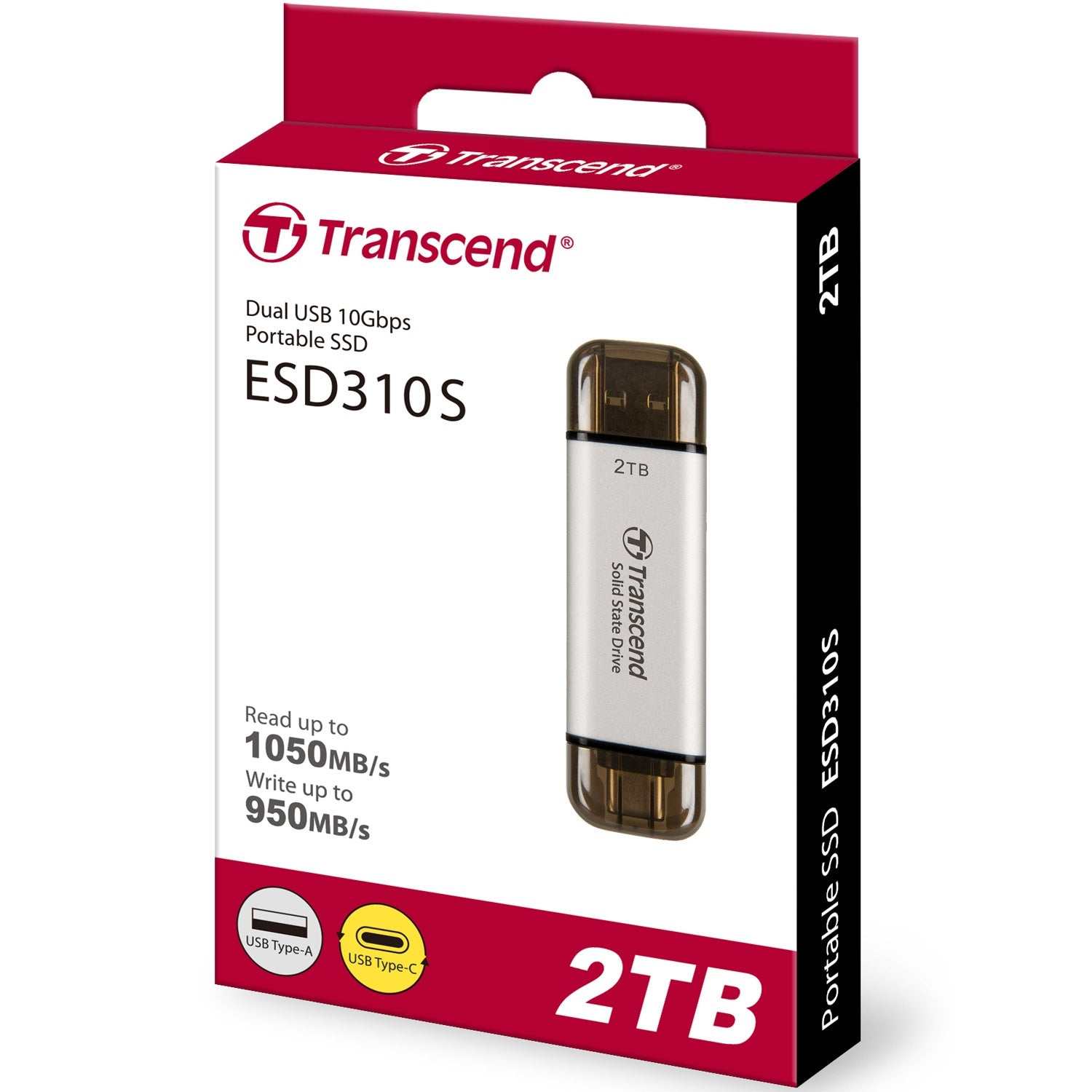 Przenośny dysk SSD Transcend ESD310S 2TB z portami USB Type-A i Type-C.