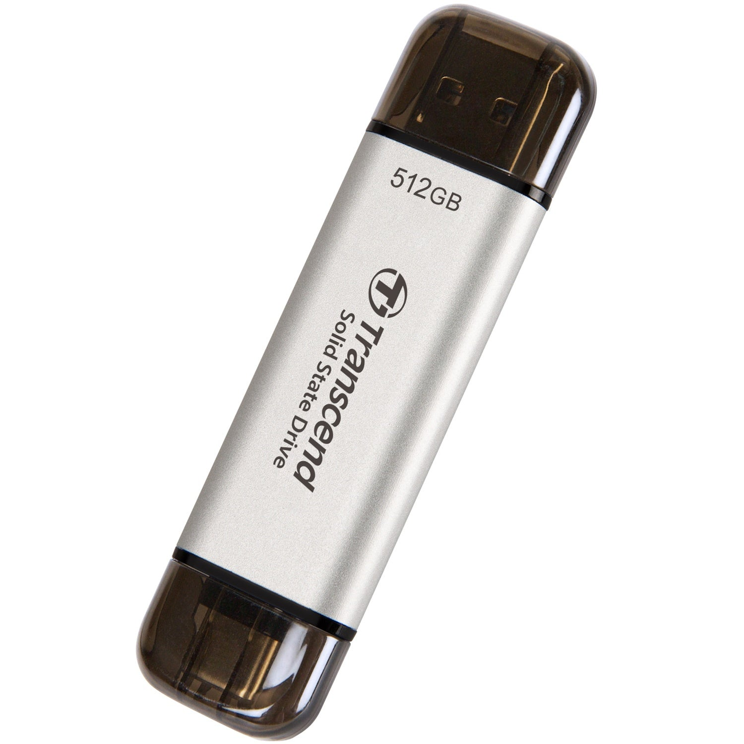 Srebrny pendrive Transcend 512 GB z ciemną końcówką i złączem USB.