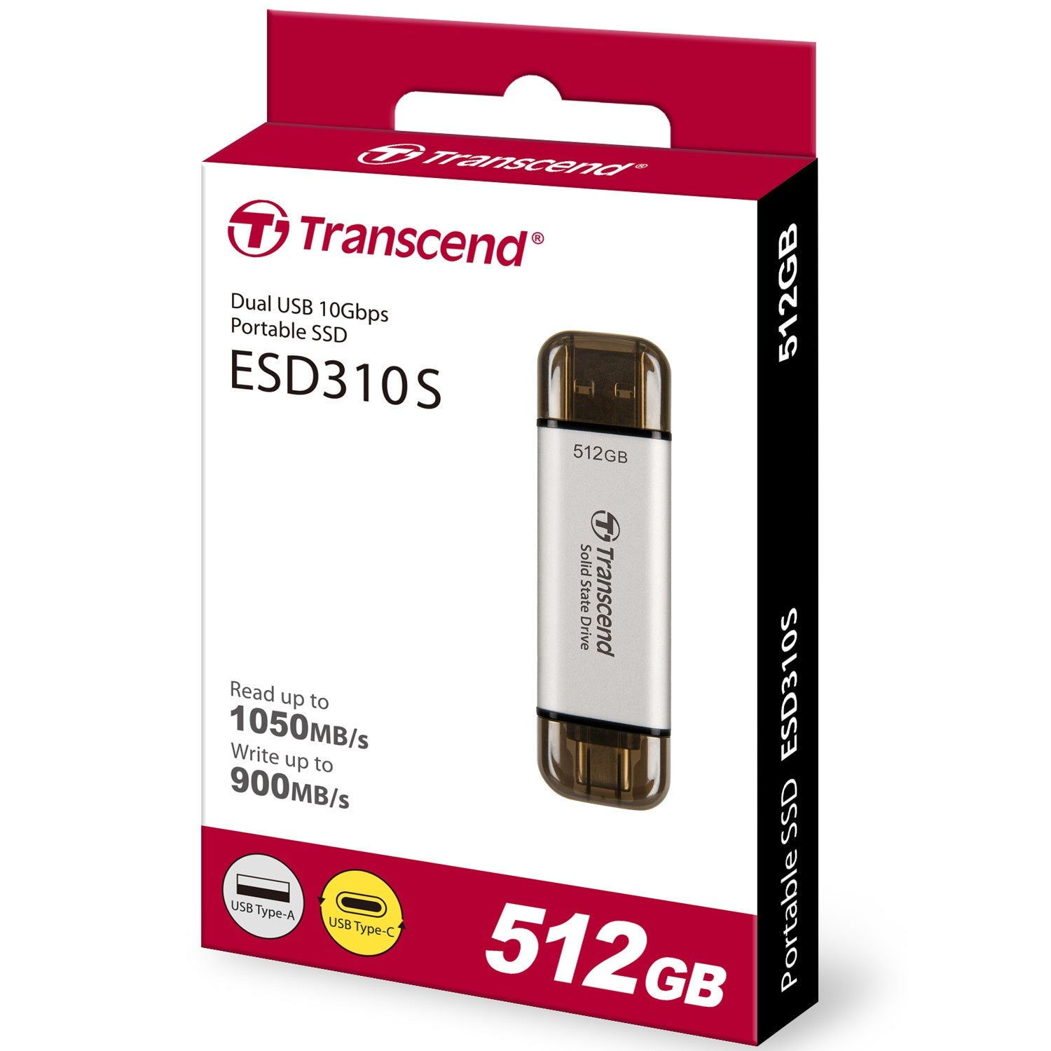 Przenośny dysk SSD Transcend 512GB ESD310S z USB-A i USB-C.