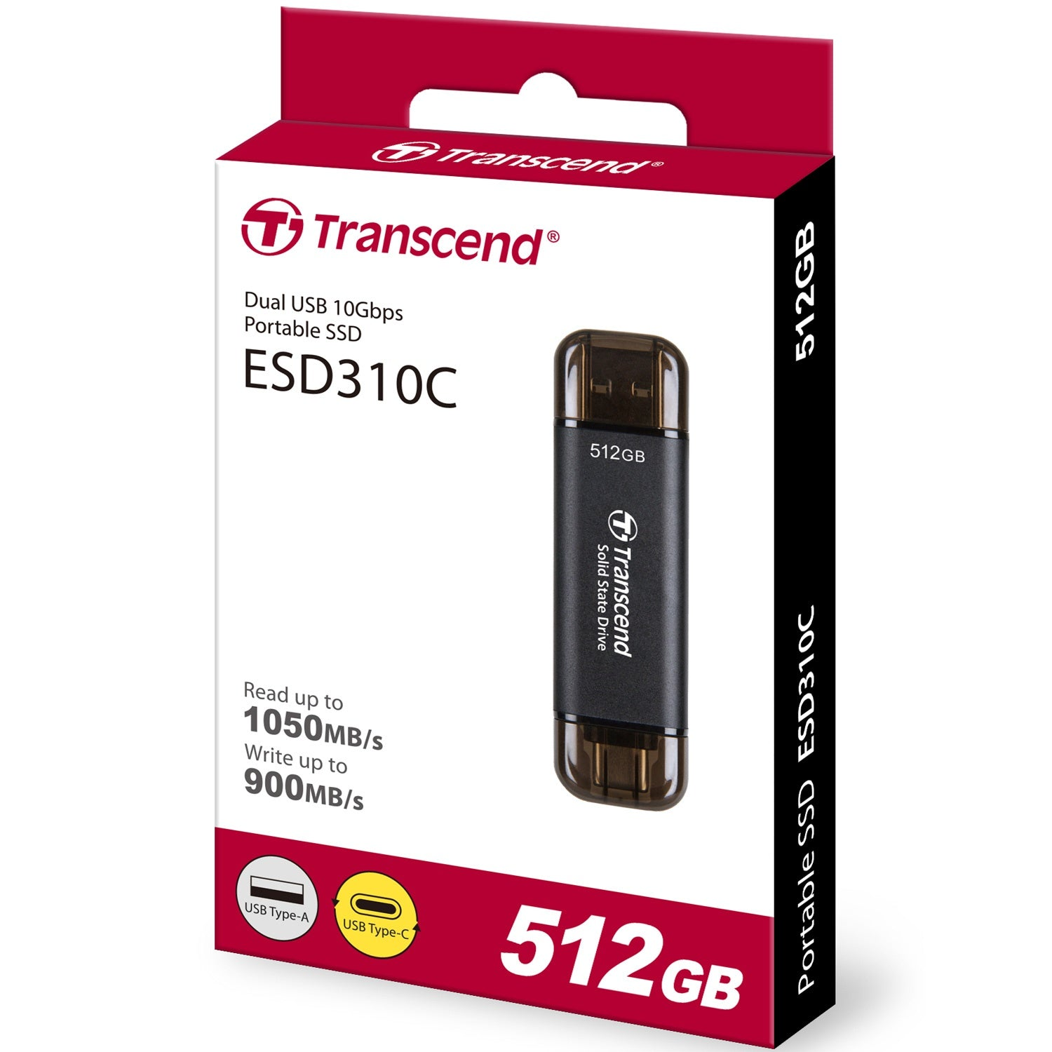 Pudełko Transcend 512GB Portable SSD ESD310C z obrazem produktu. Dual USB 10Gbps.
