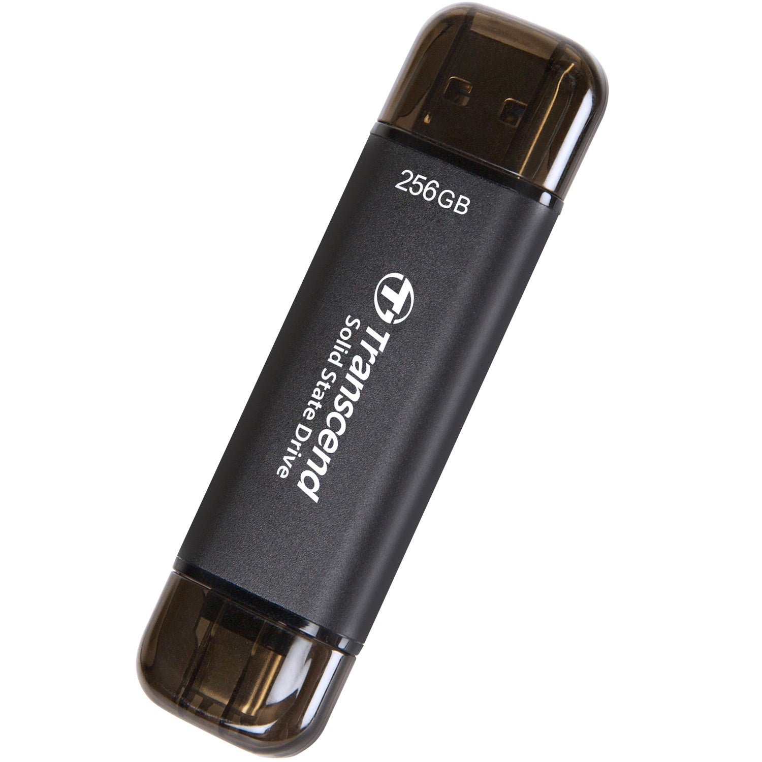 Czarny pendrive 256 GB z logo Transcend i nakładką.
