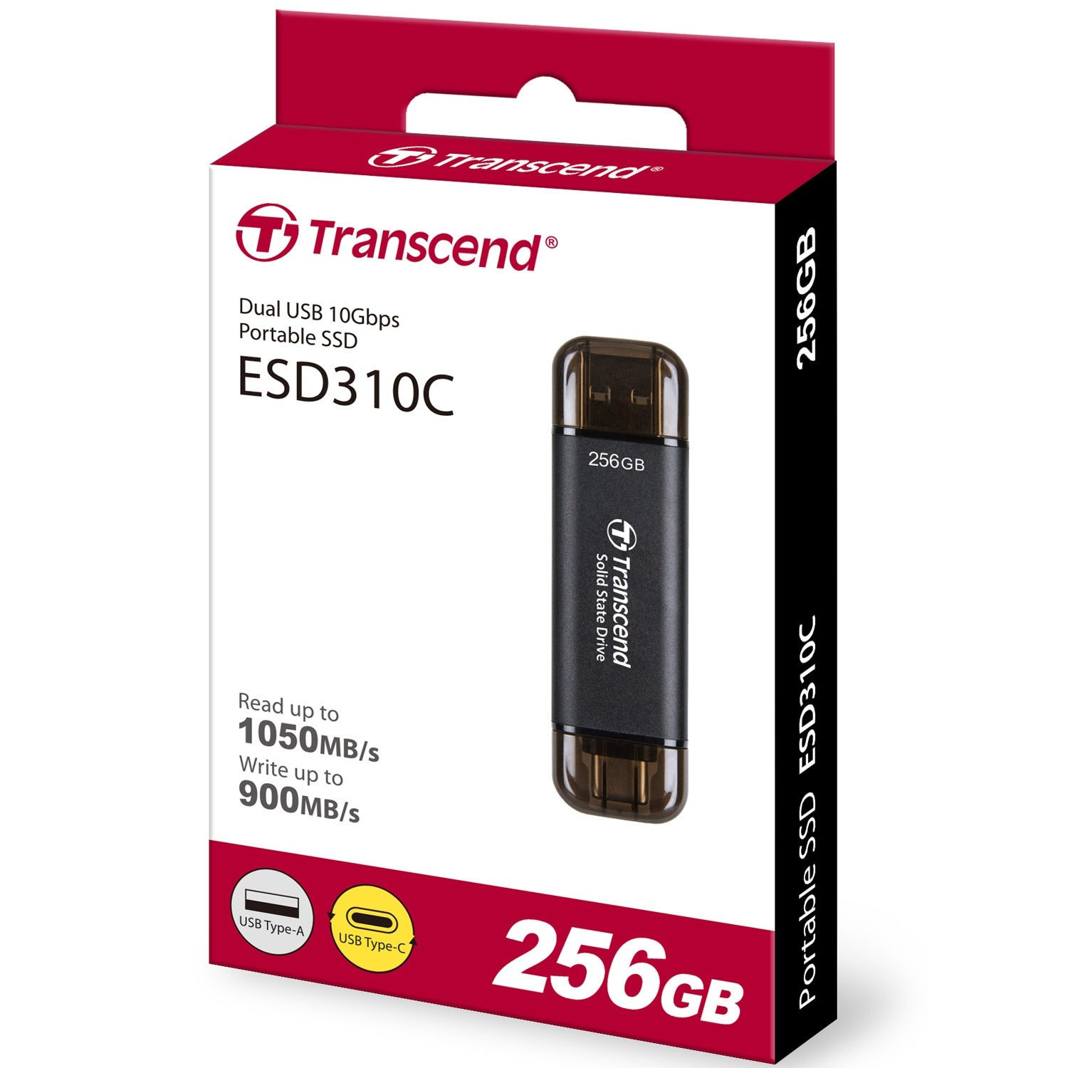 Przenośny dysk SSD Transcend ESD310C 256GB z portami USB-A i USB-C.