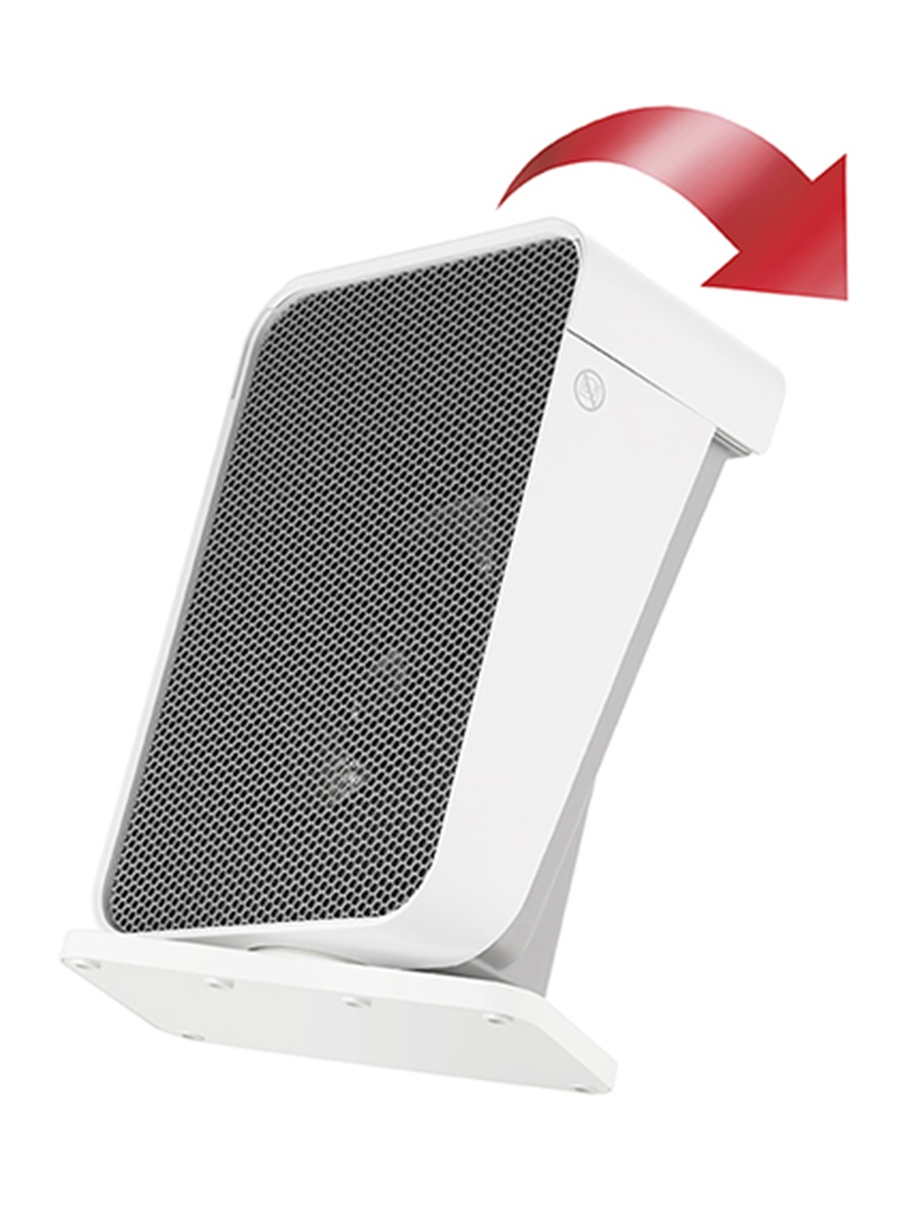 Biały wentylator z czerwoną strzałką wskazującą ruch pochylania.