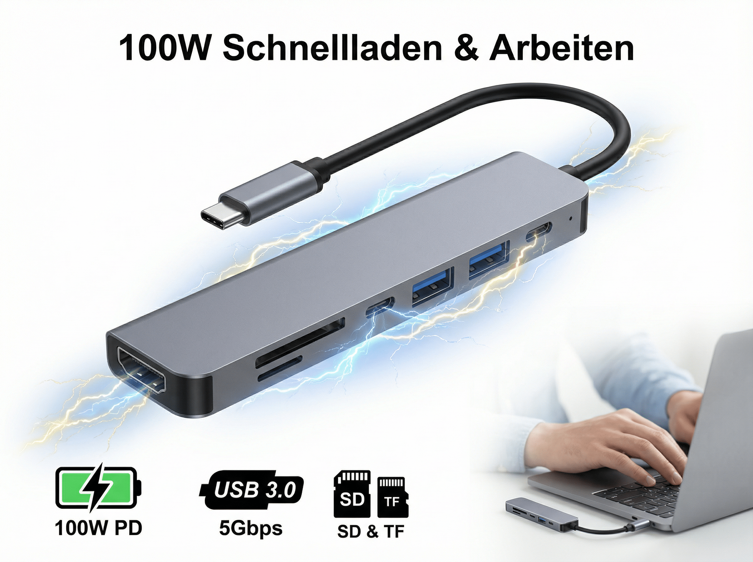 Grauer USB-C-Hub mit HDMI, USB 3.0, SD/TF-Slots, neben einem Laptop.