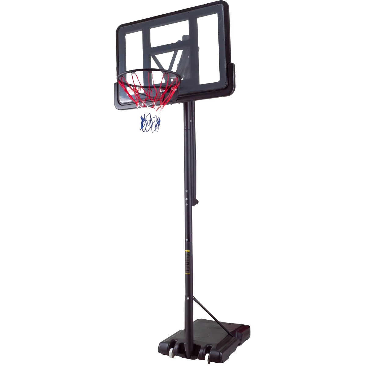 Ein schwarzer tragbarer Basketballkorb mit einer transparenten Rückwand, rotem Ring und blau-weißem Netz auf einem schwarzen Rollsockel.