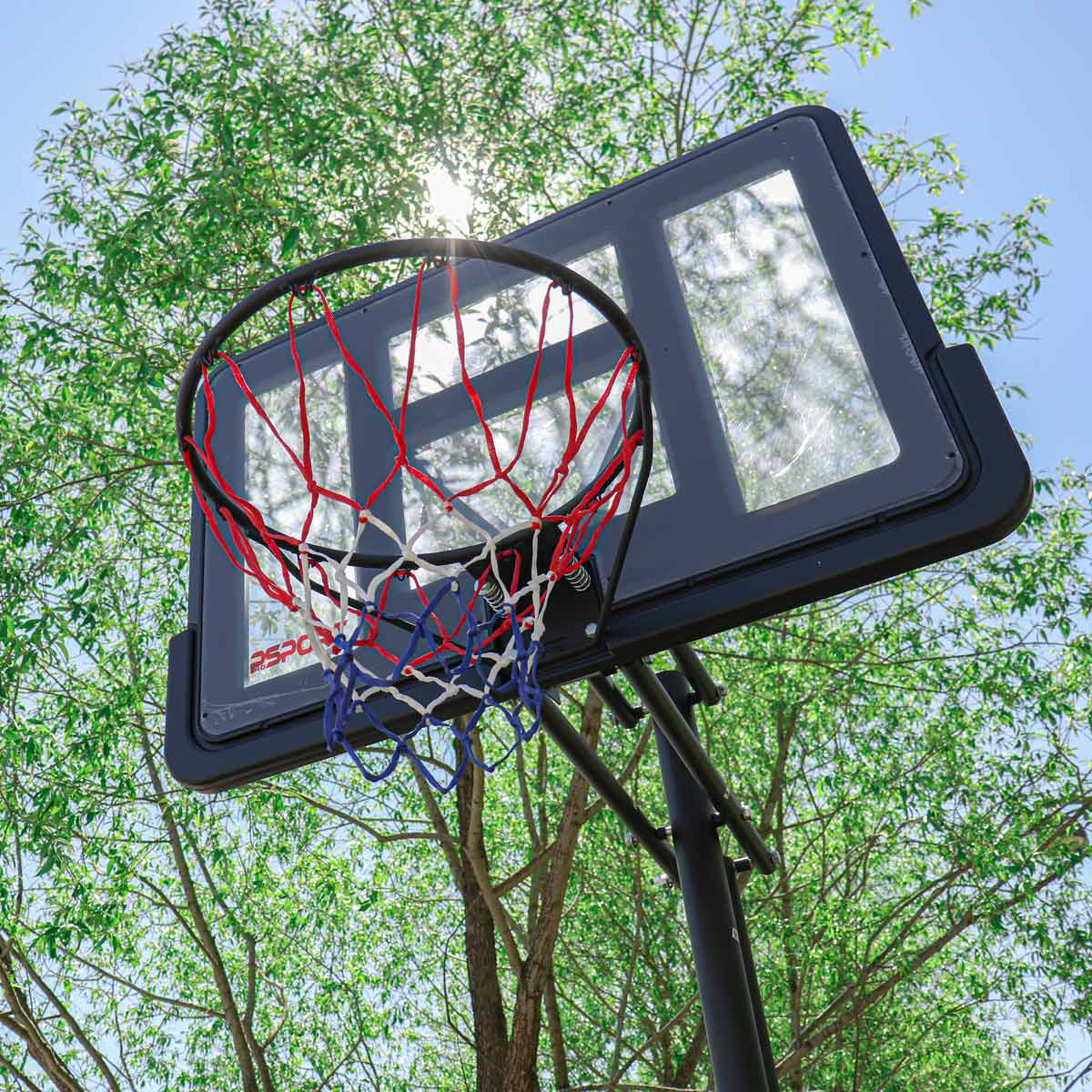 Ein Basketballkorb mit einem transparenten Brett und einem Netz in Rot, Weiß und Blau unter Bäumen.