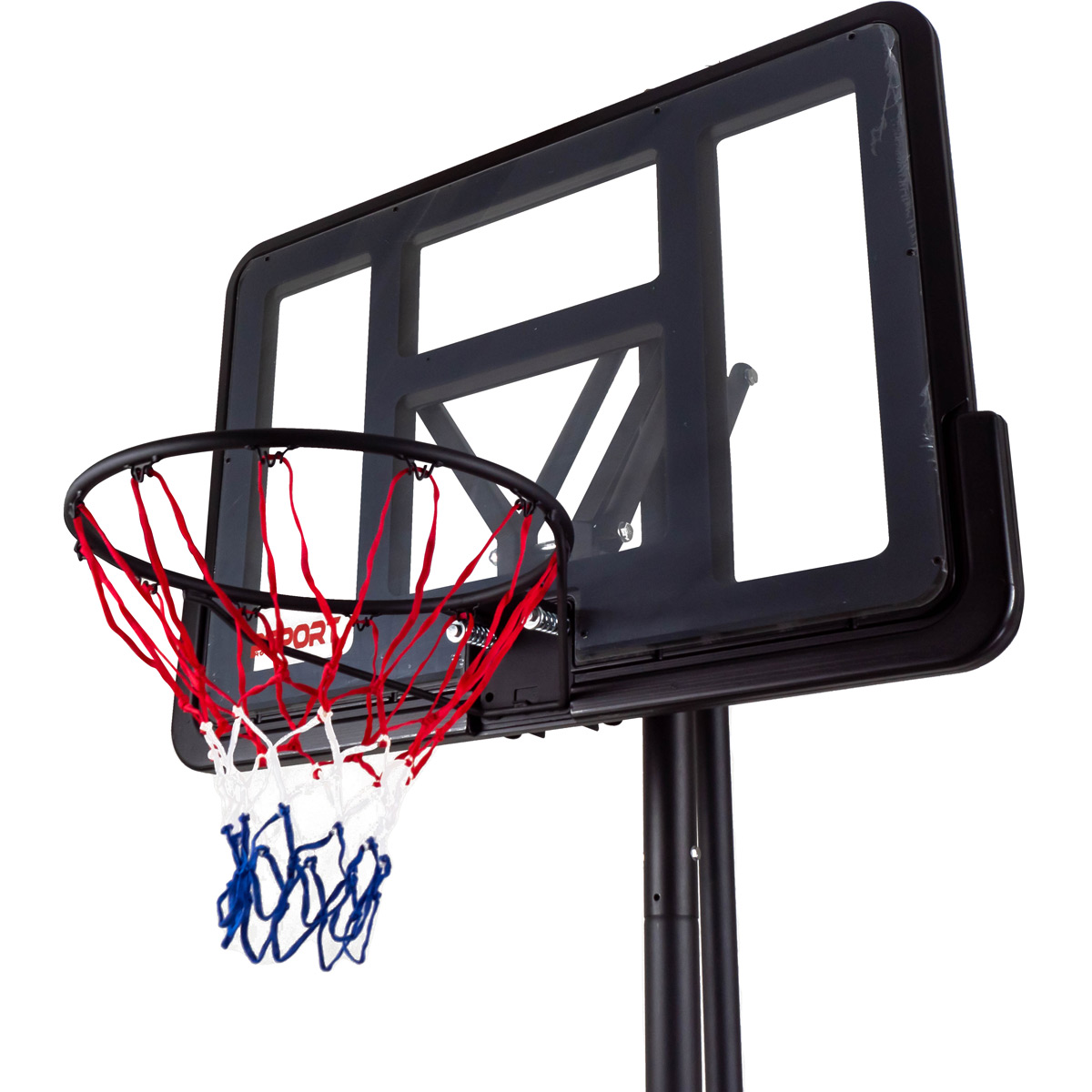 Ein Basketballkorb mit schwarzem Ring, rotem und weißem Netz, vor weißem Hintergrund.