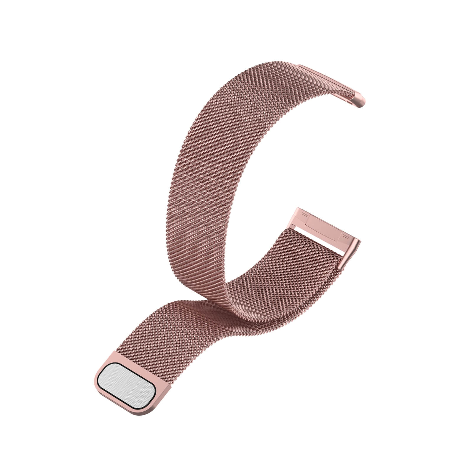 Un bracelet de montre en maille or rose avec fermoir magnétique sur fond blanc.