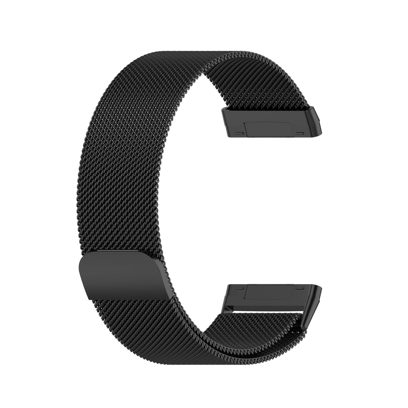 Un cinturino per orologio a maglie milanesi nero con due chiusure magnetiche è mostrato su sfondo bianco.