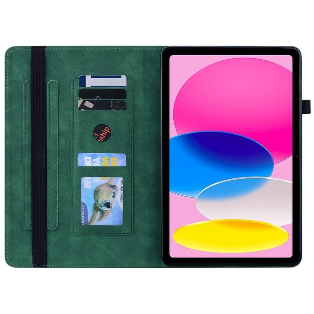 Grüne Tablet-Hülle mit Kartenfächern und Tablet mit bunten Hintergründen.
