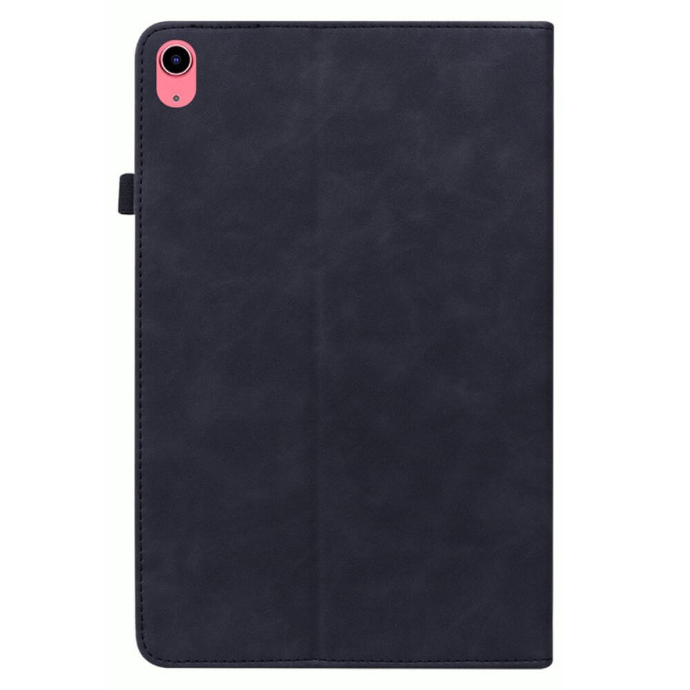 Dunkelblaues Tablet-Cover mit rosa Kameraöffnung und Schlaufe.