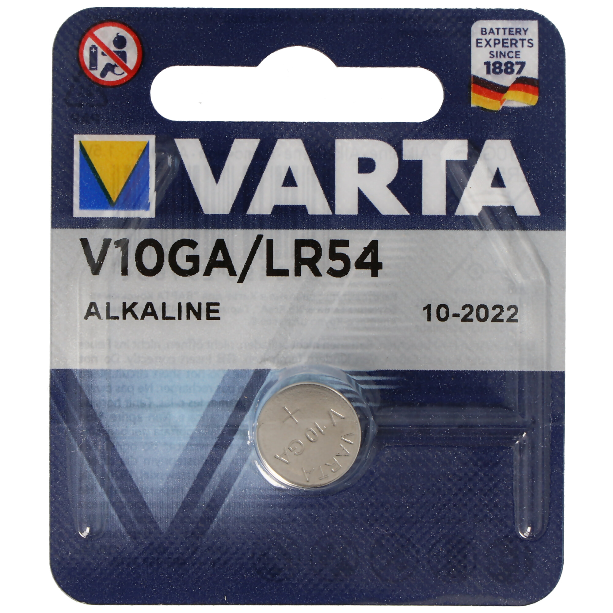 Varta V10GA/LR54 alkaline battery in blister pack with expiry date 10-2022.