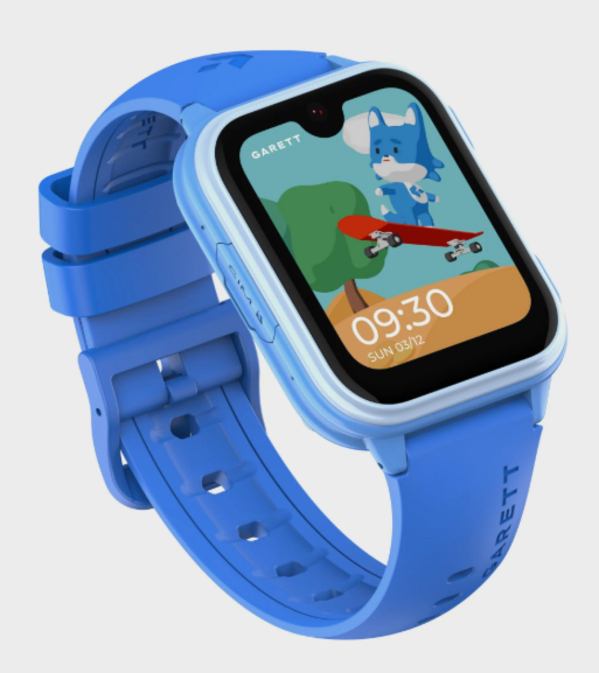 Smartwatch blu con gatto cartone animato sullo schermo che cavalca uno skateboard. Ora 09:30.