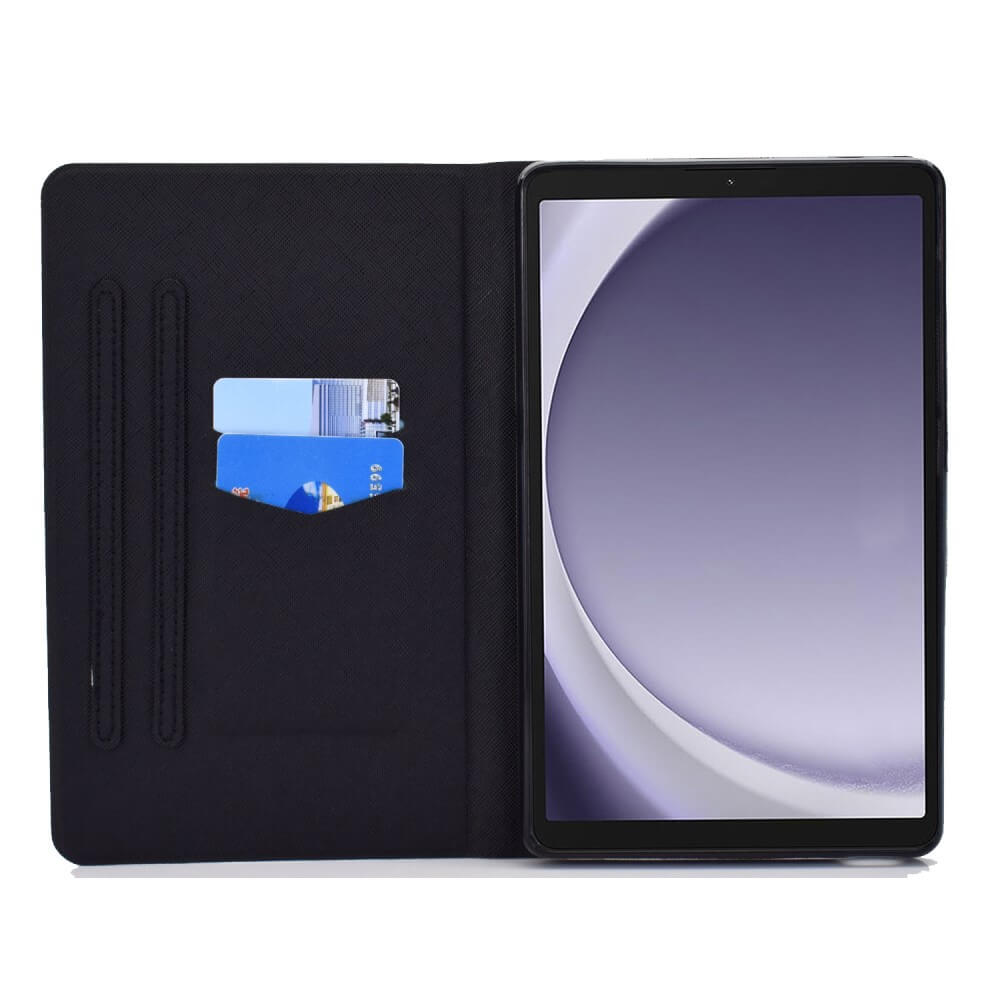 Schwarze Tablet-Hülle mit Kartenfächern und einem Tablet mit lila Hintergrund.