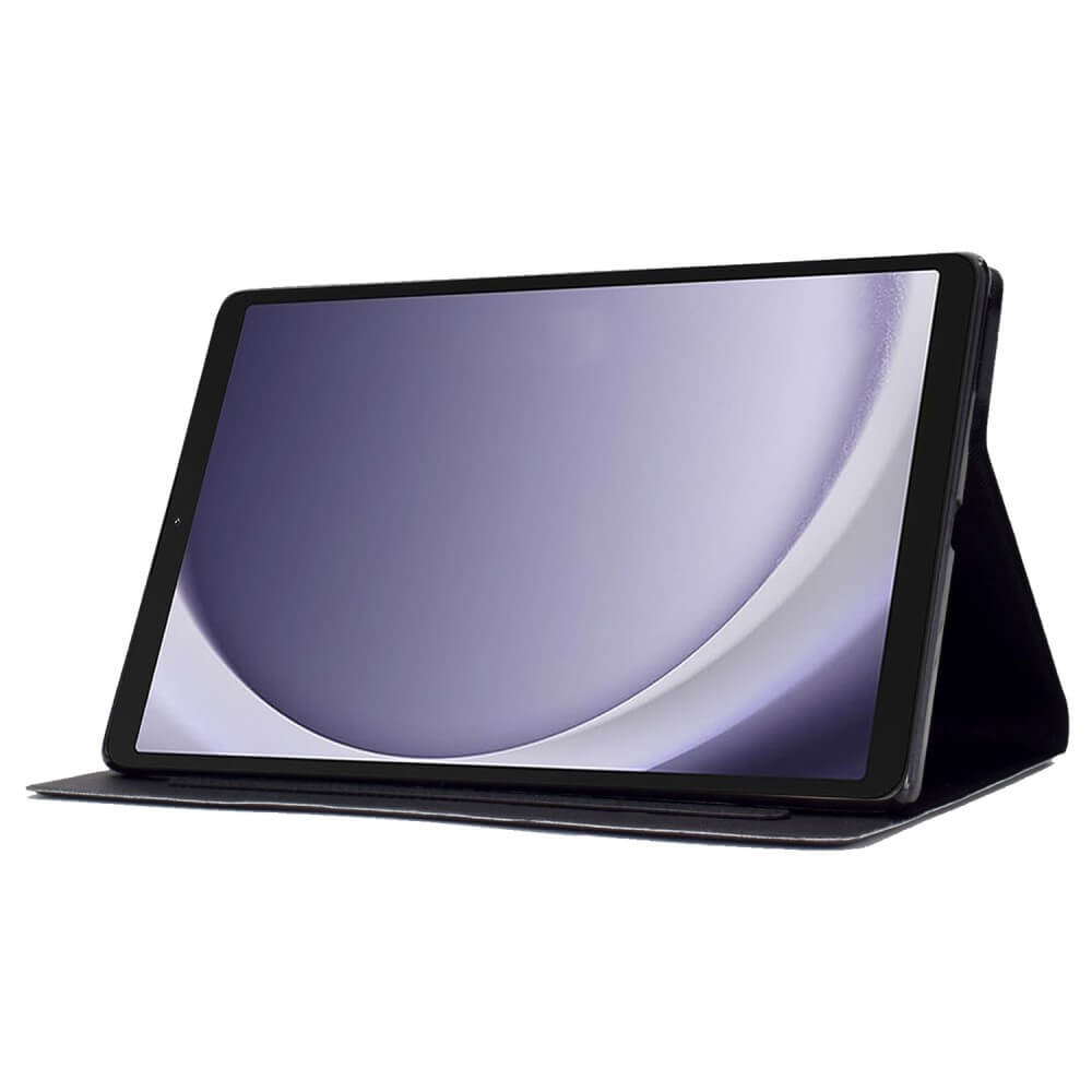 Ein schwarzes Tablet mit einem violetten Hintergrundbild und einem Ständer.