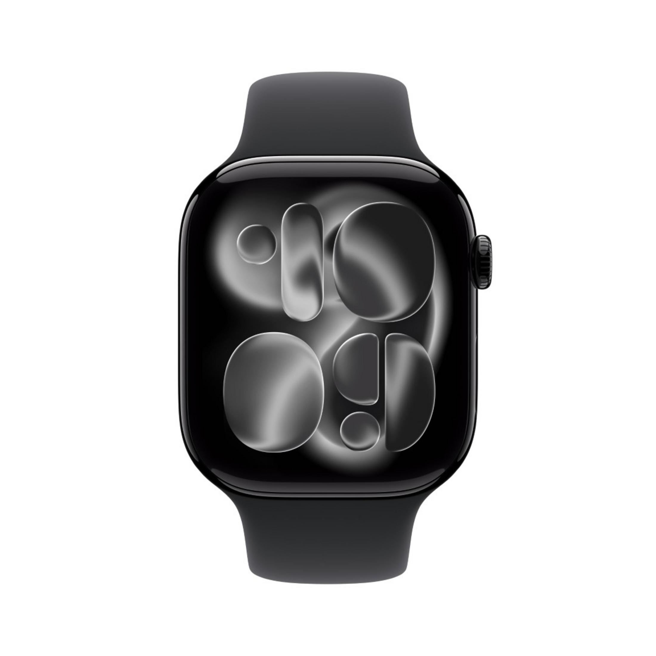 Uno smartwatch nero con display scuro e forme astratte lucide.