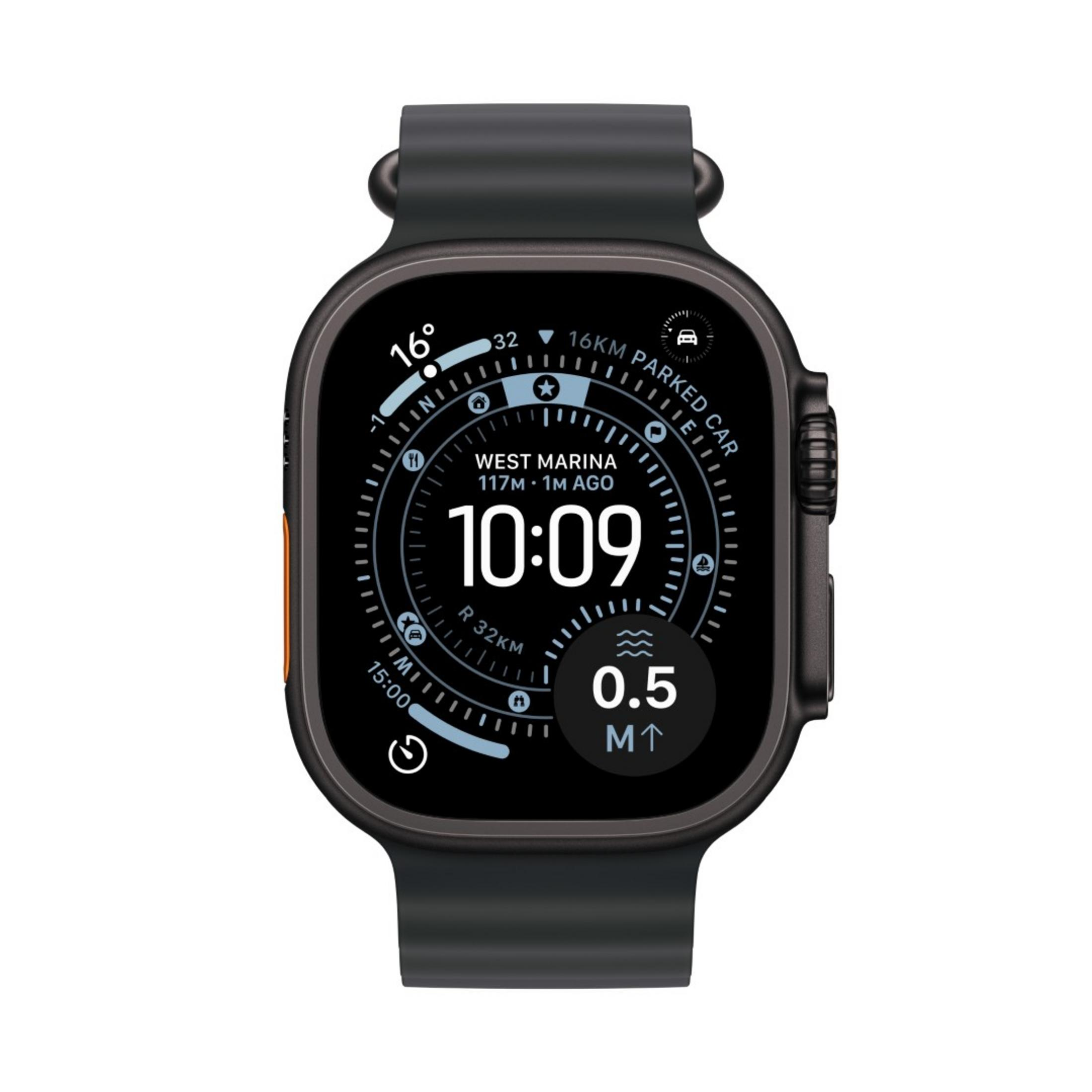 Uno smartwatch nero con quadrante blu mostra le 10:09, 16°C e 0.5M.