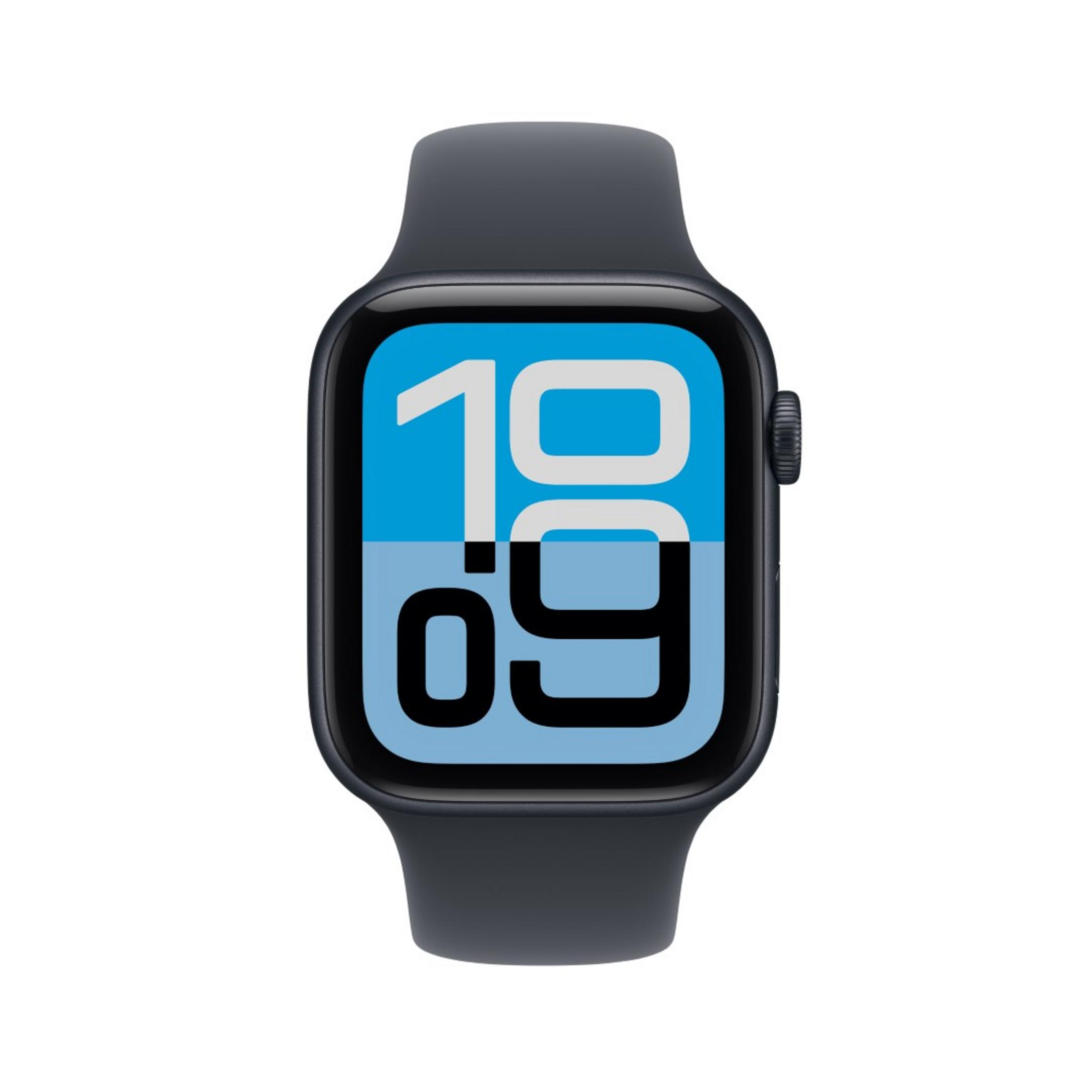 Uno smartwatch scuro con schermo blu che mostra l'ora.