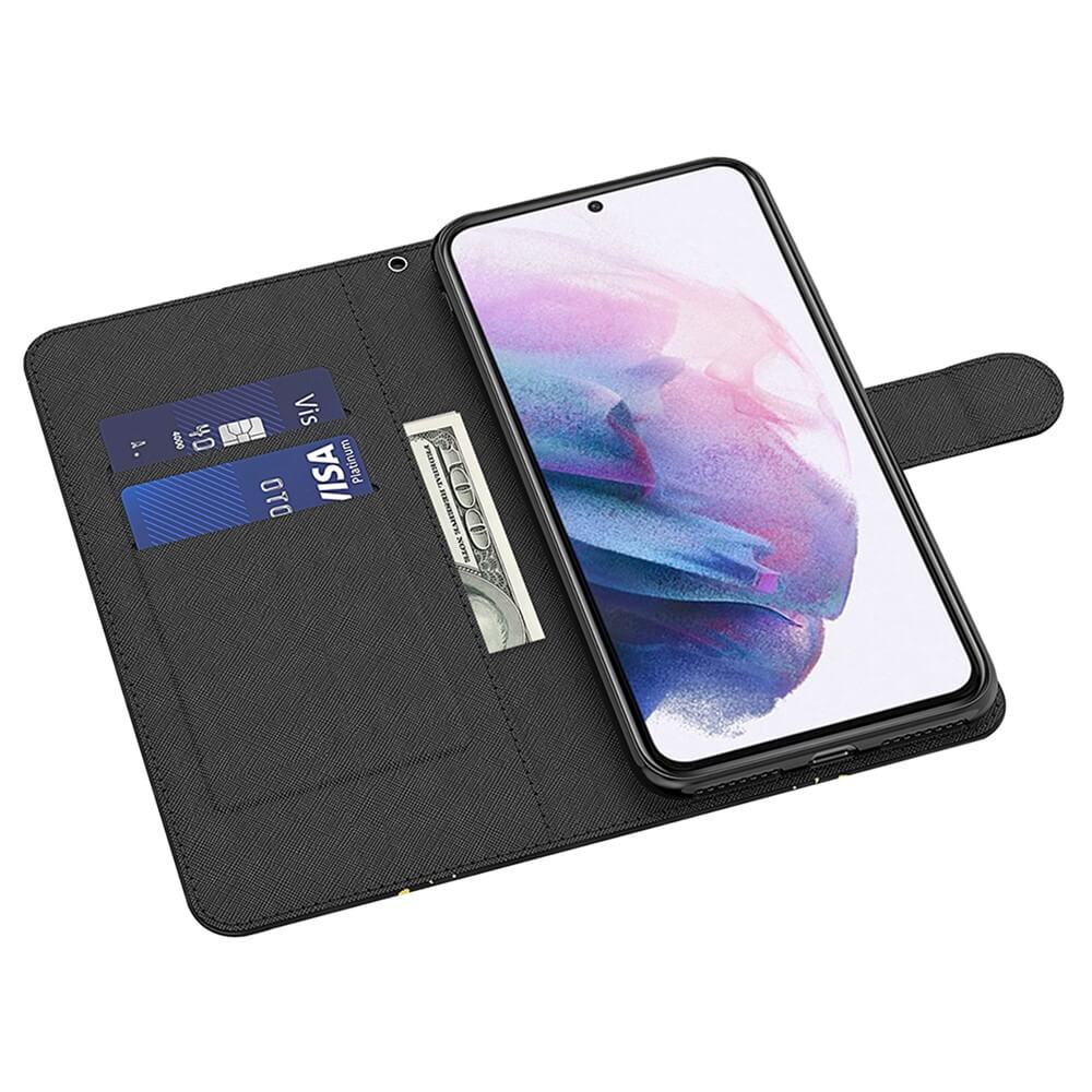 Custodia a libro nera per telefono con porta carte, banconota e smartphone.