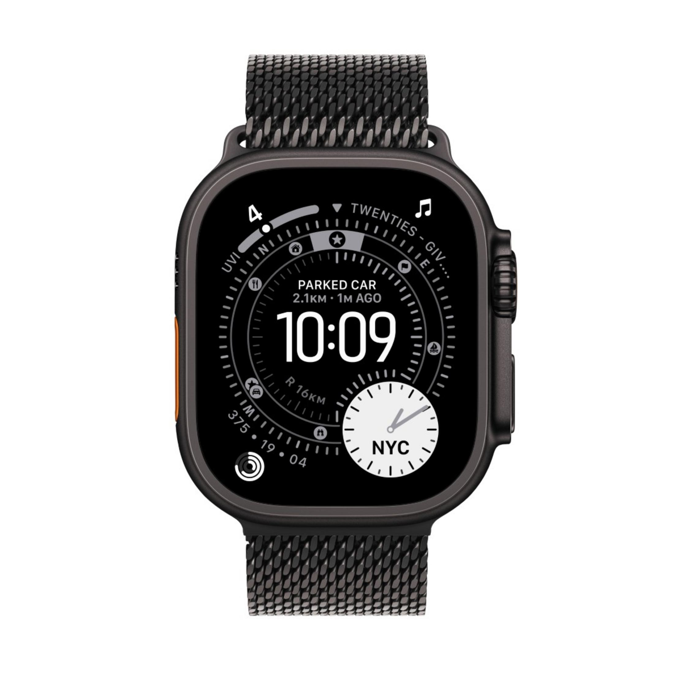 Uno smartwatch scuro con cinturino milanese mostra le 10:09.