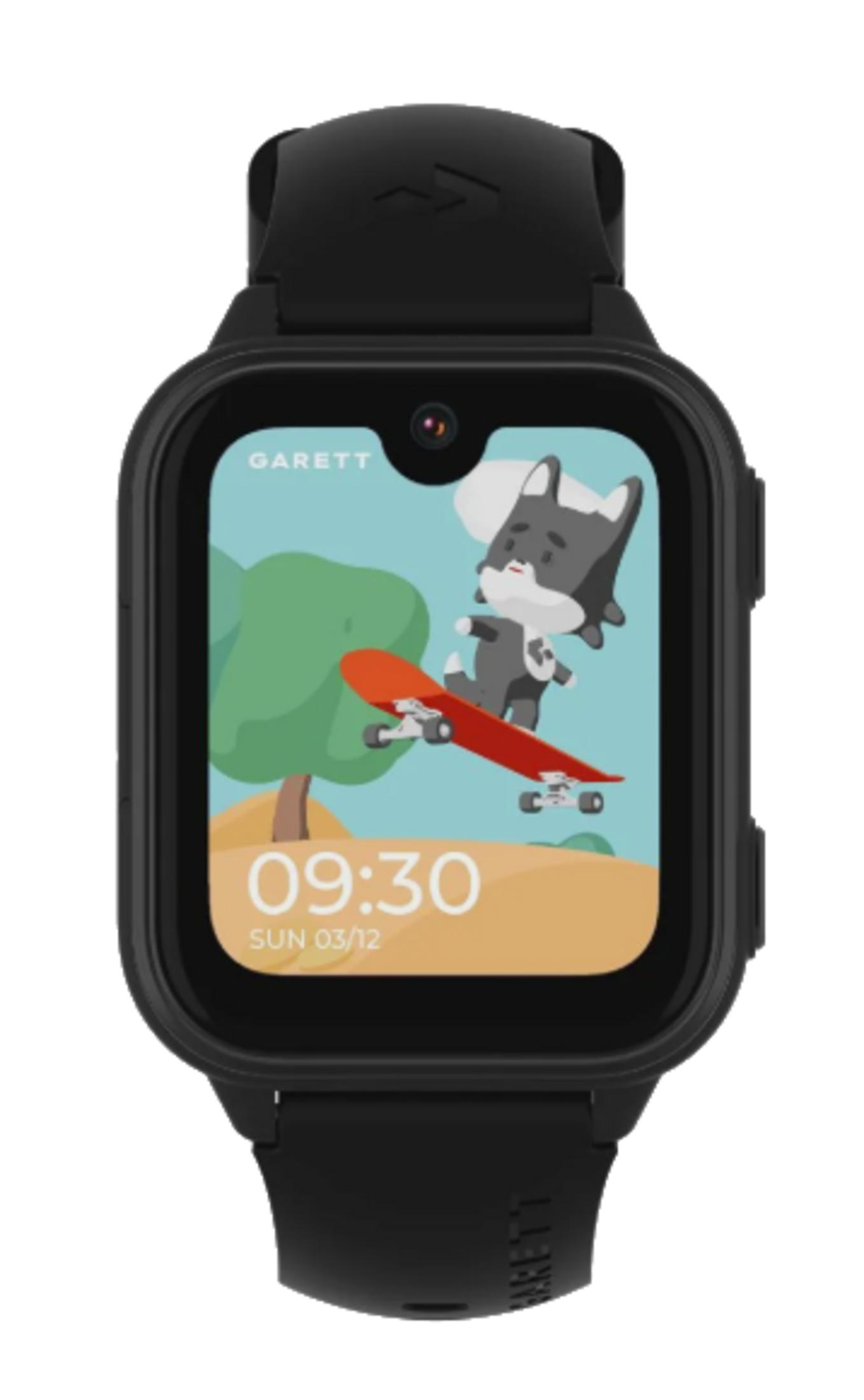 Czarny smartwatch wyświetla kreskówkowego kota na deskorolce przed drzewem.
