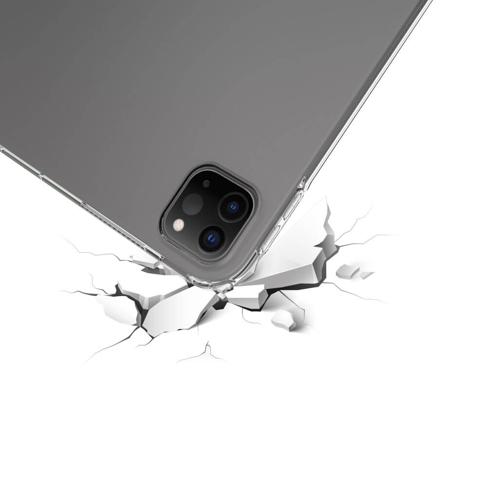 Ein graues Smartphone mit klarer Hülle bricht durch weißen Boden.