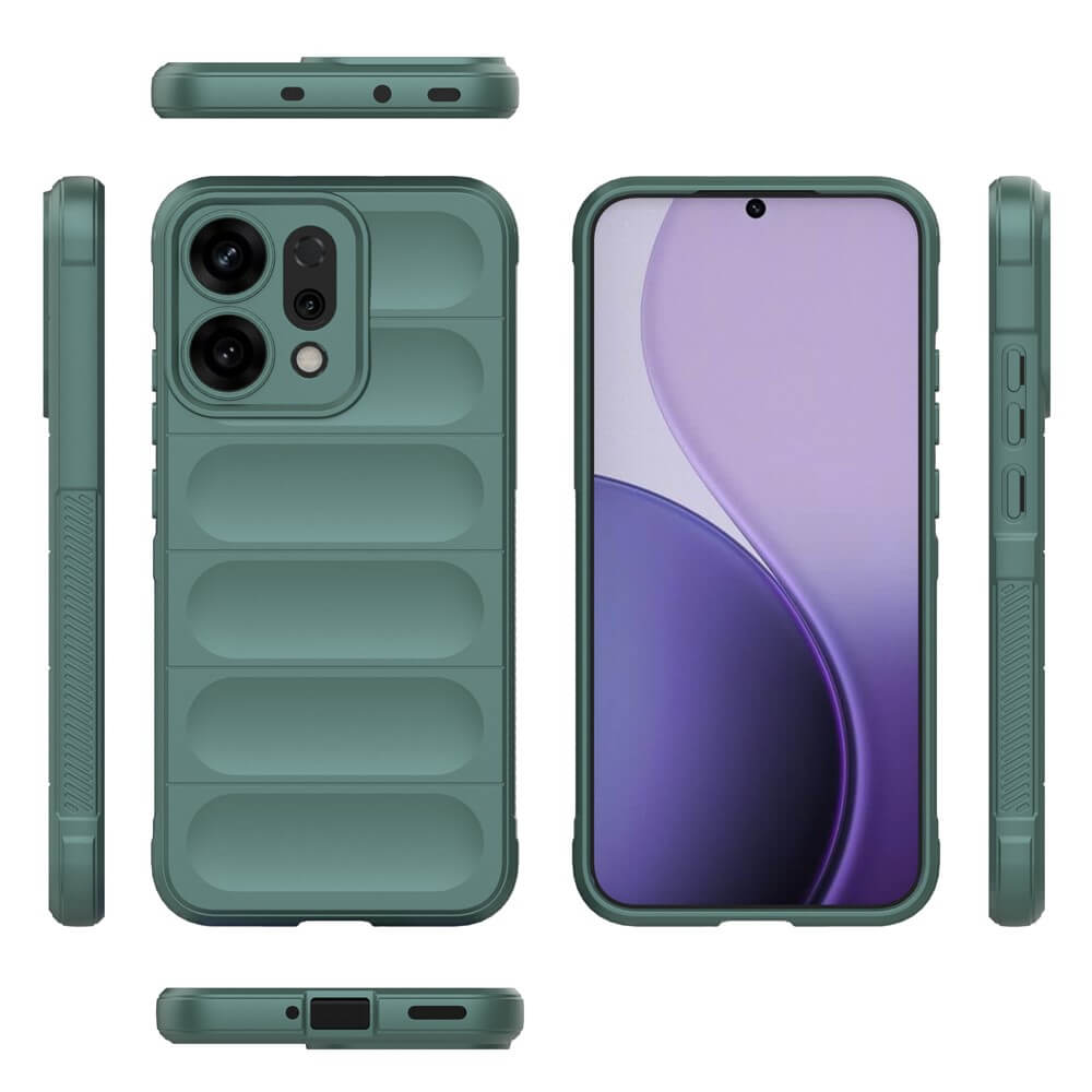 Custodia verde per telefono con protezione fotocamera e creste orizzontali, viste frontali e laterali.