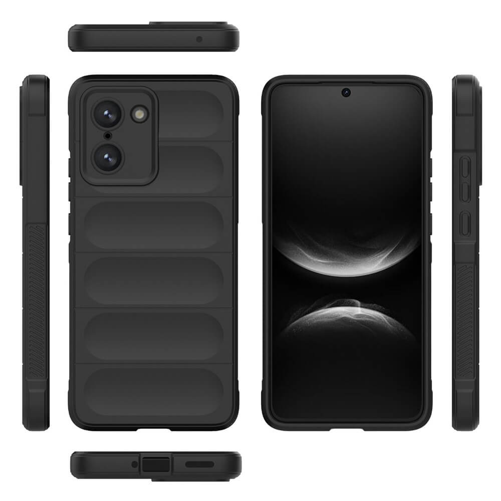 Schwarzes Smartphone mit Hülle, Ansichten von vorne, hinten und Seite.