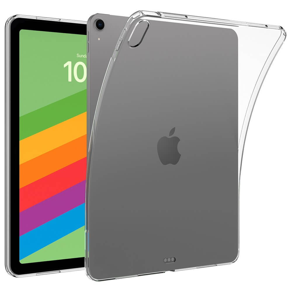 Ein transparentes iPad-Case auf einem grauen iPad mit Regenbogen-Hintergrund.
