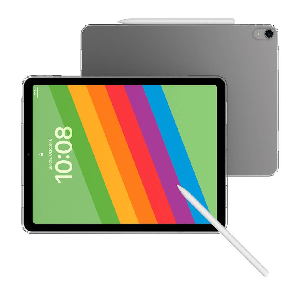 Zwei silberne Tablets. Ein Bildschirm zeigt bunte Streifen und 10:08 Uhr. Auf jedem liegt ein Stift.