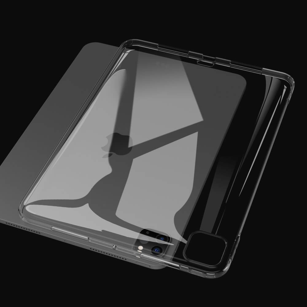 Transparente Hülle mit Apple-Logo auf einem Tablet, auf schwarzem Hintergrund.