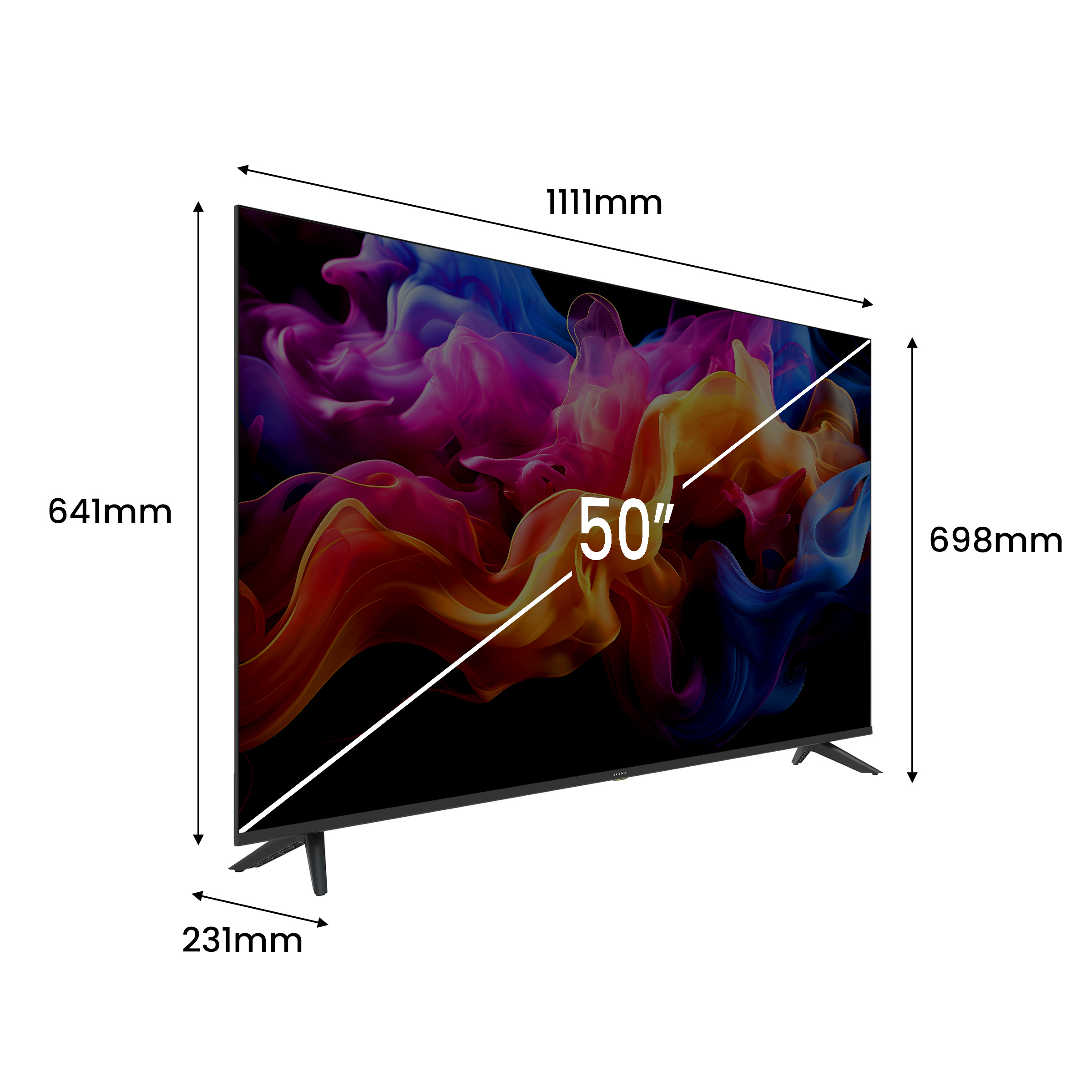 Ein 50-Zoll-Fernseher mit farbenfroher Rauch-Grafik. Maße sind angegeben.