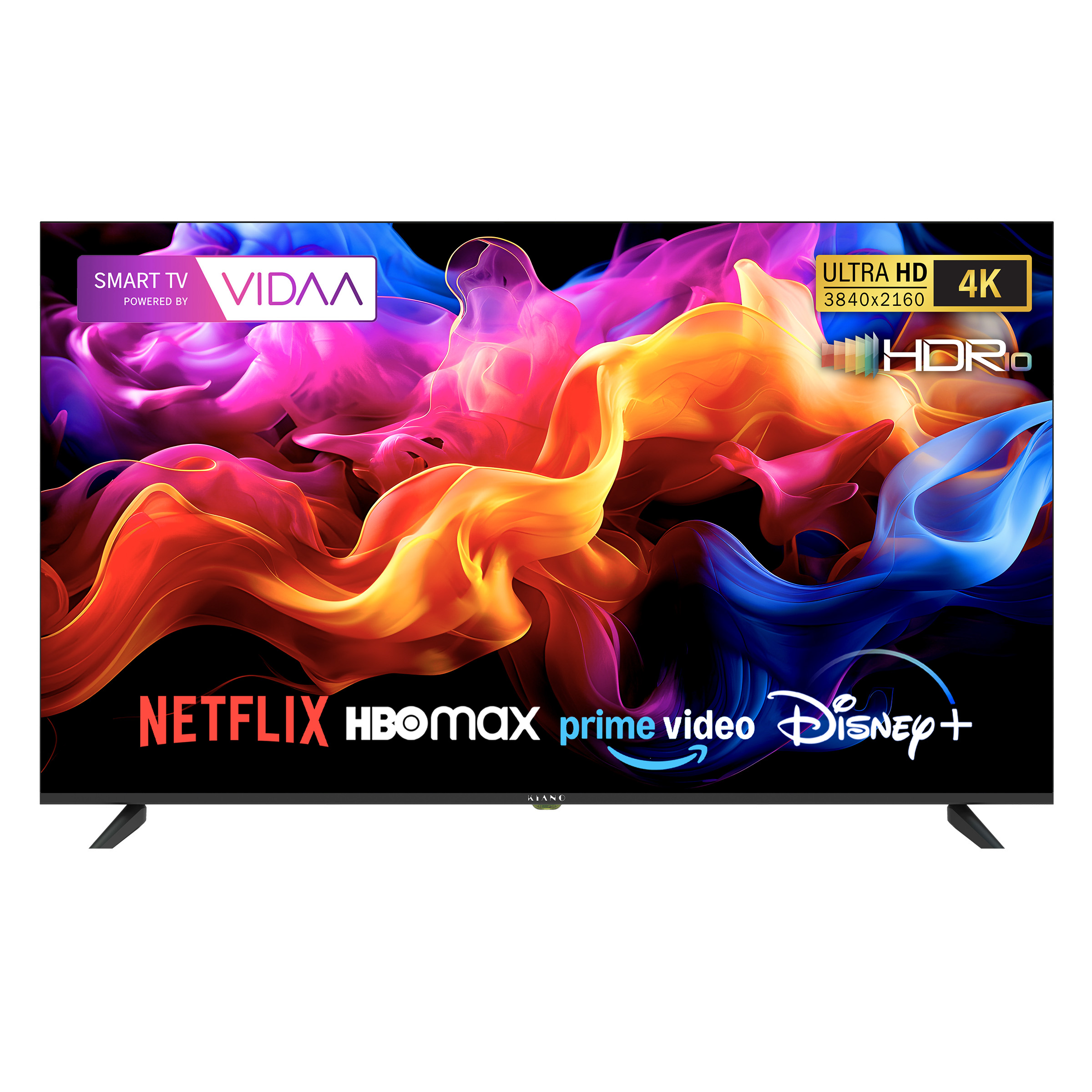 Ein 4K Smart TV mit VIDAA-System zeigt bunte Rauchwolken und Streaming-Logos.