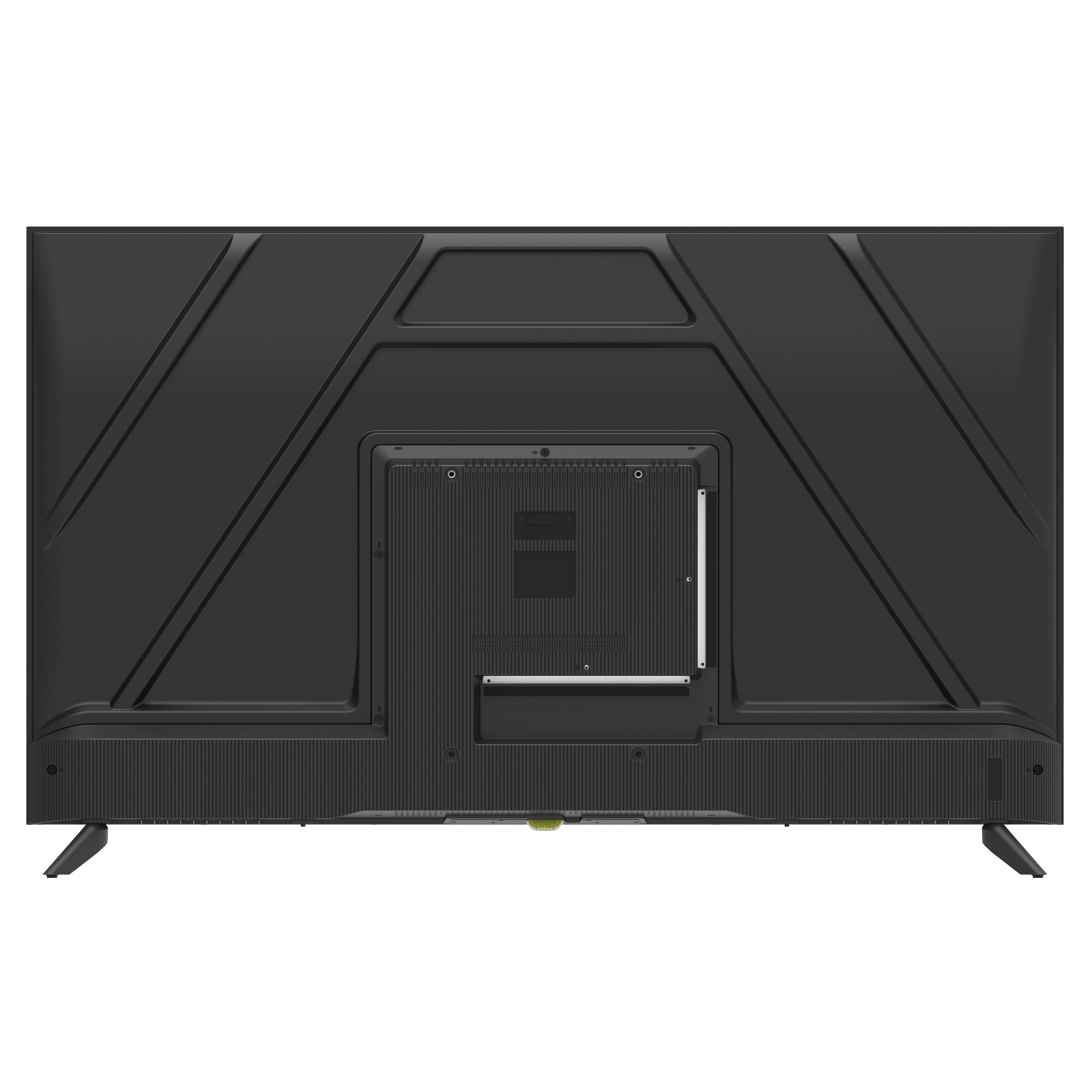 Rückseite eines schwarzen Fernsehers mit zwei Standfüßen und Anschlüssen.