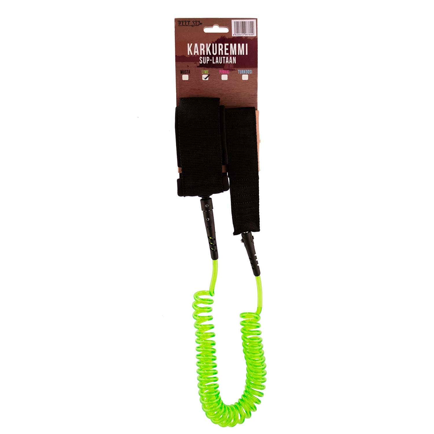 Schwarzer Klettverschlussgurt mit einer leuchtgrünen Spiralleine für SUP-Boards.